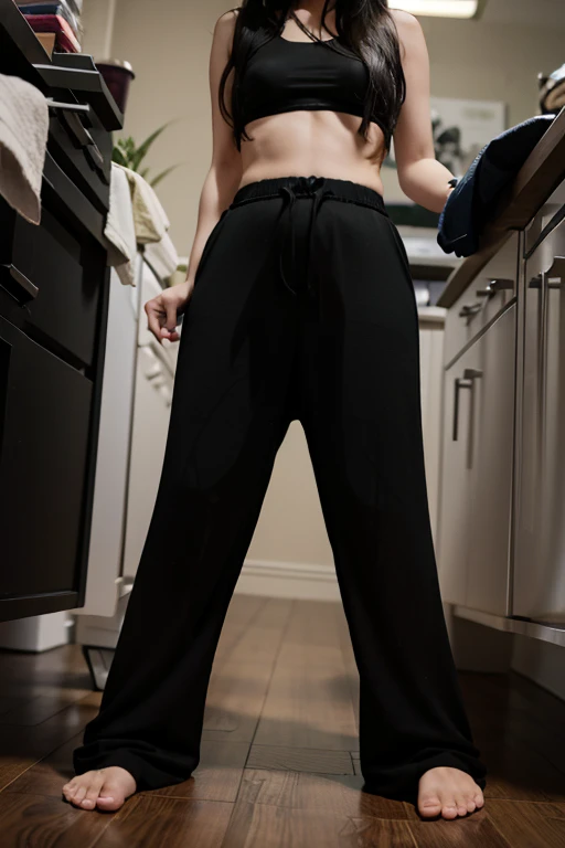 Malay Girl sees the ghost and pees her black palazzo pants until her pants are wet in fright.