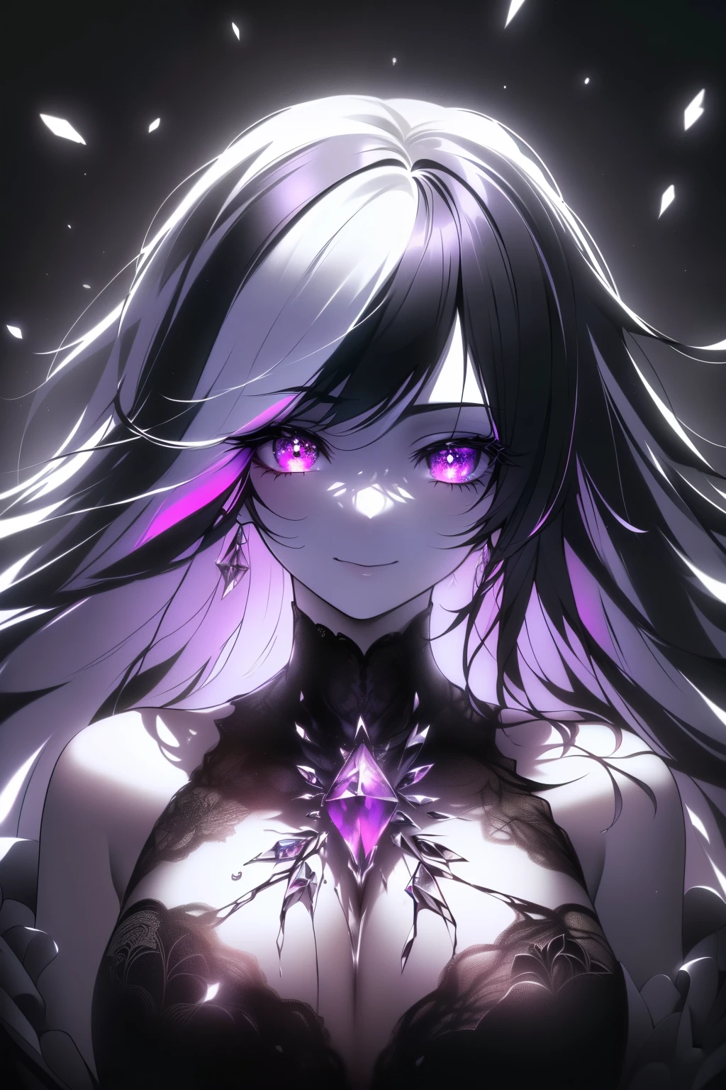 (Black and White), (Colorful gradient crystal hair), Eroded by darkness and light, Symmetric, Truly beautiful women, Broken Mirror, Fluid art, (High resolution), (Sharp focus), (Realistic:1.37), (Physically Based Rendering), (Very detailed説明), (Professional), (Vibrant colors), (Portraiture), (Soft lighting), (超High resolution), (Ideal black hair), (Goth Makeup), (Studio Lighting), (highest quality, 4K, 8k, High resolution, masterpiece:1.2), (Very detailed), Flowing, Shimizu, Creepy Smile, Purple light