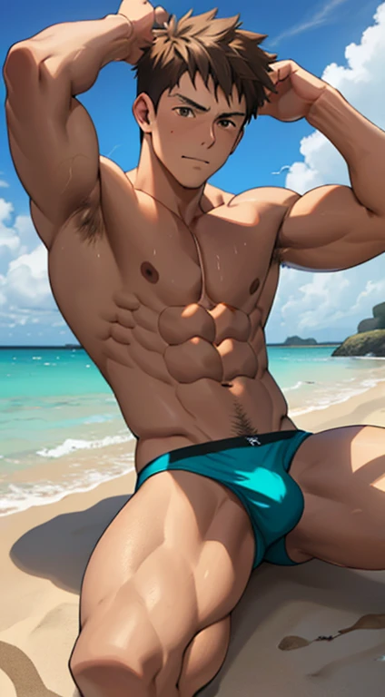 (masutepiece, Best Quality), １Boy，Lewdness，younge boy，-faced，Boy's face，sideface，Lying naked on the sandy beach，adolable，infancy，young age，short round face，Flat chin，finely detaild face，Color Brief，well-muscled, short bronze hair, Brown eyes，opens his eyes wide, with an intricate, full body Esbian,nakeness，Lewdness，Teal Brief,Abs pectoral muscles，vivd colour,(depth of fields:1.2),(Abs),looking at viewert，Lying on the sandy beach，Spread your legs apart，