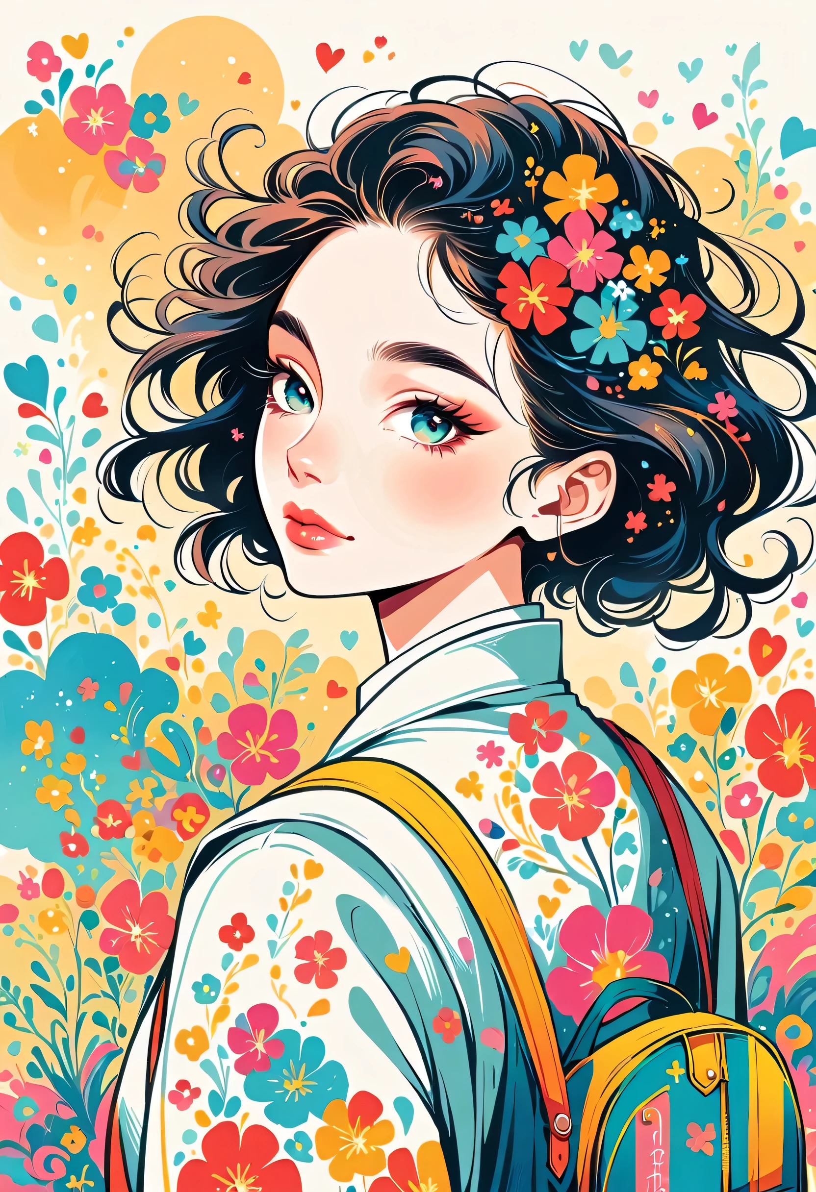 Takashi Murakami style, Stylish design,Stylish fashion,My backpack is full of happy spring,Simple Line Initialism,Abstract art,Urban Background, (((The most beautiful girl))), Lips in Love, colorful flowers