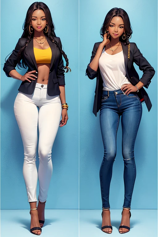 (full body:1;4), Beautiful 19 yo African woman. Fit, tall, perfect ass, shapely toned legs. Long braided hair. Friendly smile. Jacket, blouse, jeans, open toe heels.(joy)