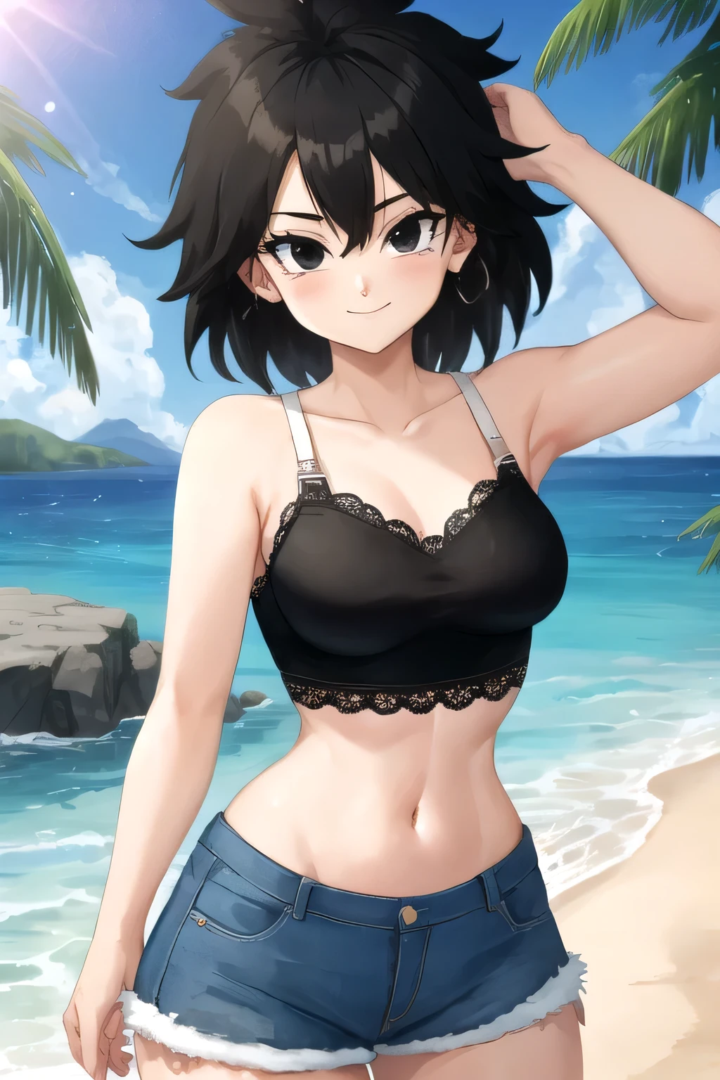 gine, 1girl, sunlight, solo, closed, blue sky, black hair, black eyes, islands, ocean, bare shoulders, medium breast, cowboy shot, short hair, looking at viewer, smile, looking at viewer, spiked hair, high-waisted jeans, a white offshoulder crop top with delicate lace trim,  beach, left hand on hips, standing up