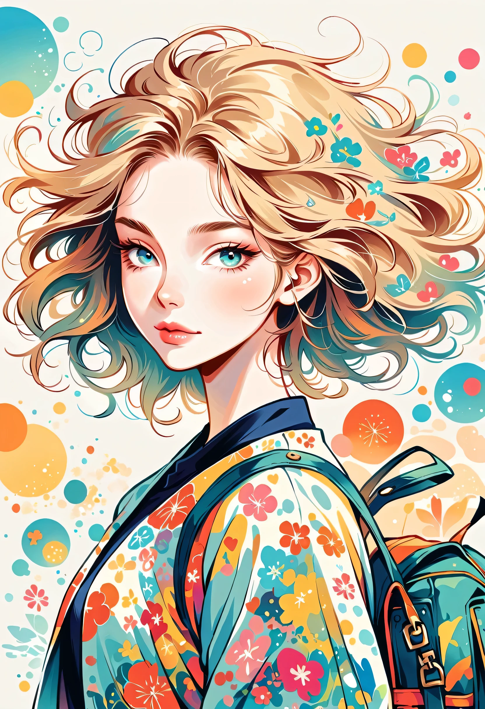 Takashi Murakami style, Stylish design，Stylish fashion，My backpack is full of happy spring，Simple Line Initialism，Abstract art，Urban Background, (((The most beautiful girl))), Lips in Love, colorful flowers
