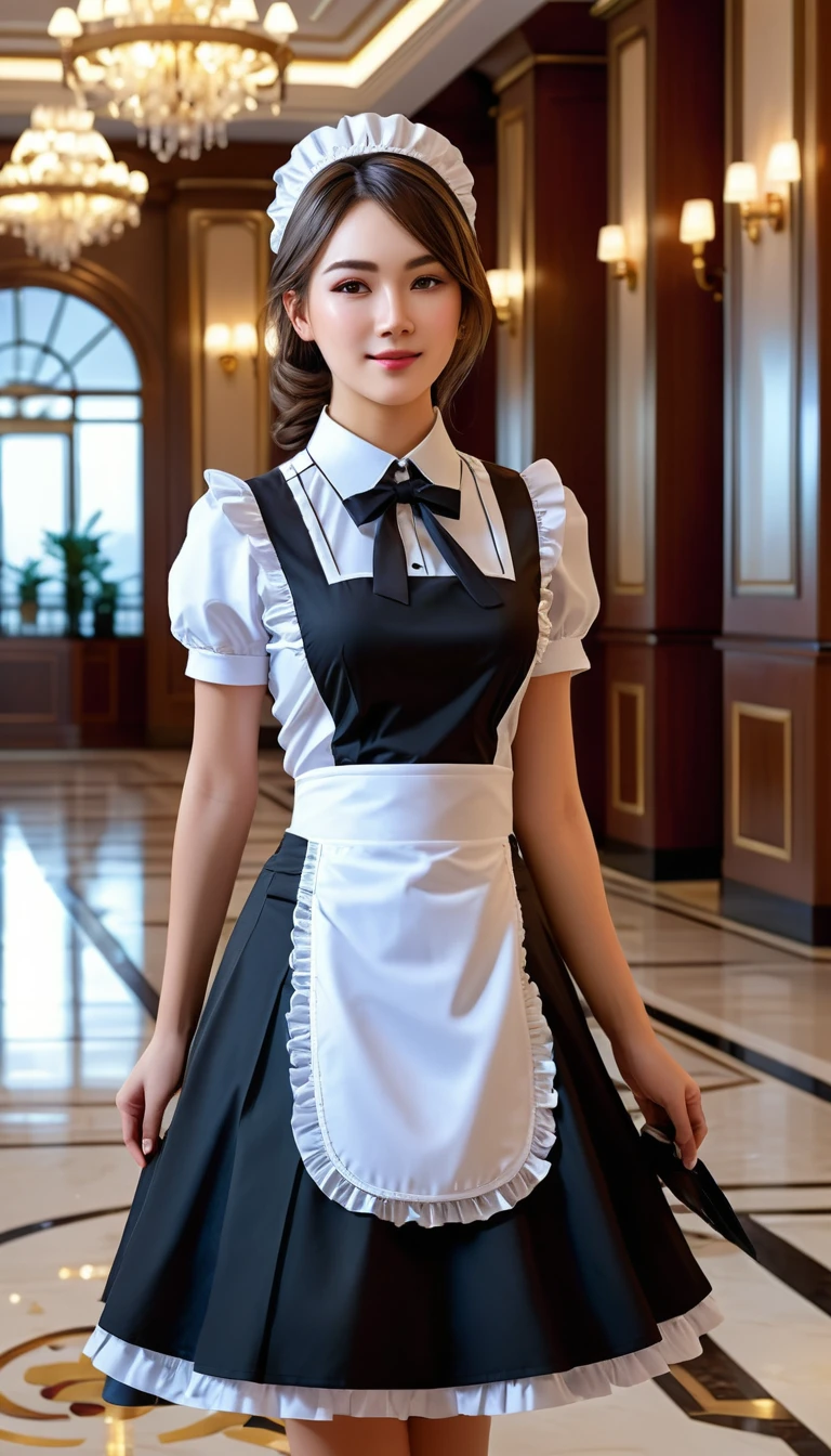 realistic maid outfit, high-quality maid uniform, detailed maid details, beautiful maid, high-end hotel lobby, luxurious hotel, ornate hotel interior, elegant hotel, photorealistic, masterpiece, 8k, ultra-detailed, sharp focus, physically-based rendering, professional, vivid colors