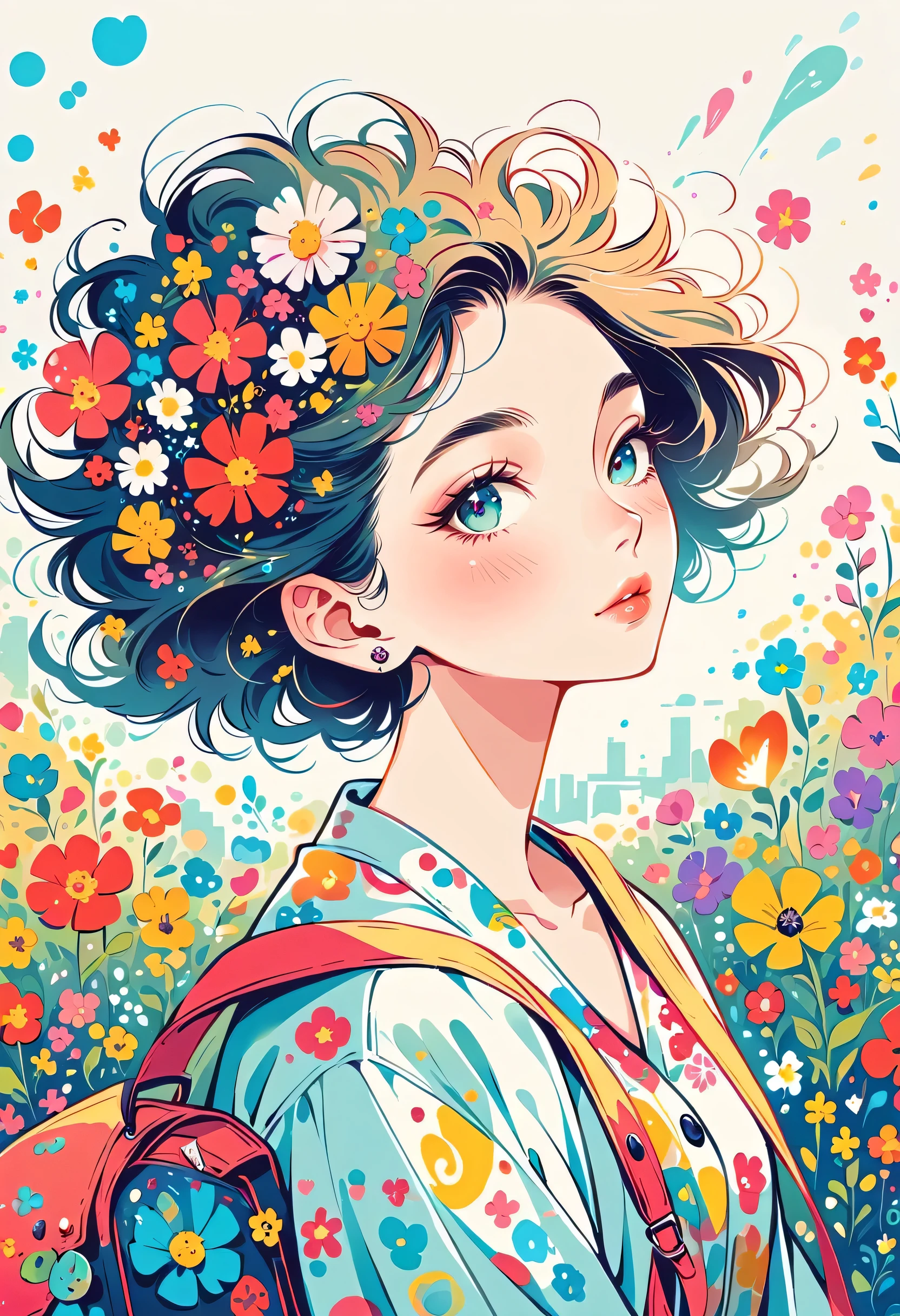 Takashi Murakami style, Stylish design,Stylish fashion,My backpack is full of happy spring,Simple Line Initialism,Abstract art,Urban Background, (((The most beautiful girl))), Lips in Love, colorful flowers
