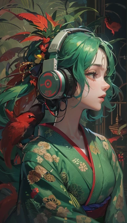 mystical,bright green hair,short hair,red feather hair ornament,green kimono.wearing headphones,listening to music,Looking into the distance