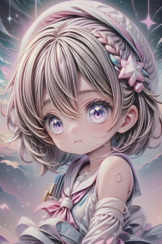 EarthKawaii,professional_artwork,best_quality,(nebula theme,pink_trim, blue and purple theme abyss eyes:1.3),1girl,solo,(cute,kawaii,,elegant,evil,perfect_face,beautiful:1.2),purple_hair,long_hair,hair_ornament,hair_intakes,purple_eyes,closed_mouth,sailor_dress,serafuku,sailor_hat,shoulder_sash,star \(symbol\),((Detailed)), ((Masterpiece)), ((Impressive)), ((Magic Circle)), ((Elegant)), ((Mind-blowing)), ((Phenomenal)), anime, Shojo, Drama, digital artwork, Digital masterpiece, Digital masterpiece, Digital illustration, neon light, Neon illumination, Electrifying light, Vibrant glow, 35mm, Panoramic view,Illustration,Cover,enigmatic figure,crystals adorning hair,dreamlike swirl,pastel hues,soft light,evoking calm serenity and elusive beauty,Non-representational,colors and shapes,expression of feelings,imaginative,highly detailed,shoulder_sash,black_trim,grey_eyes,fingerless_gloves,headwear,(close-up:0.9),looking_at_viewer,sitting