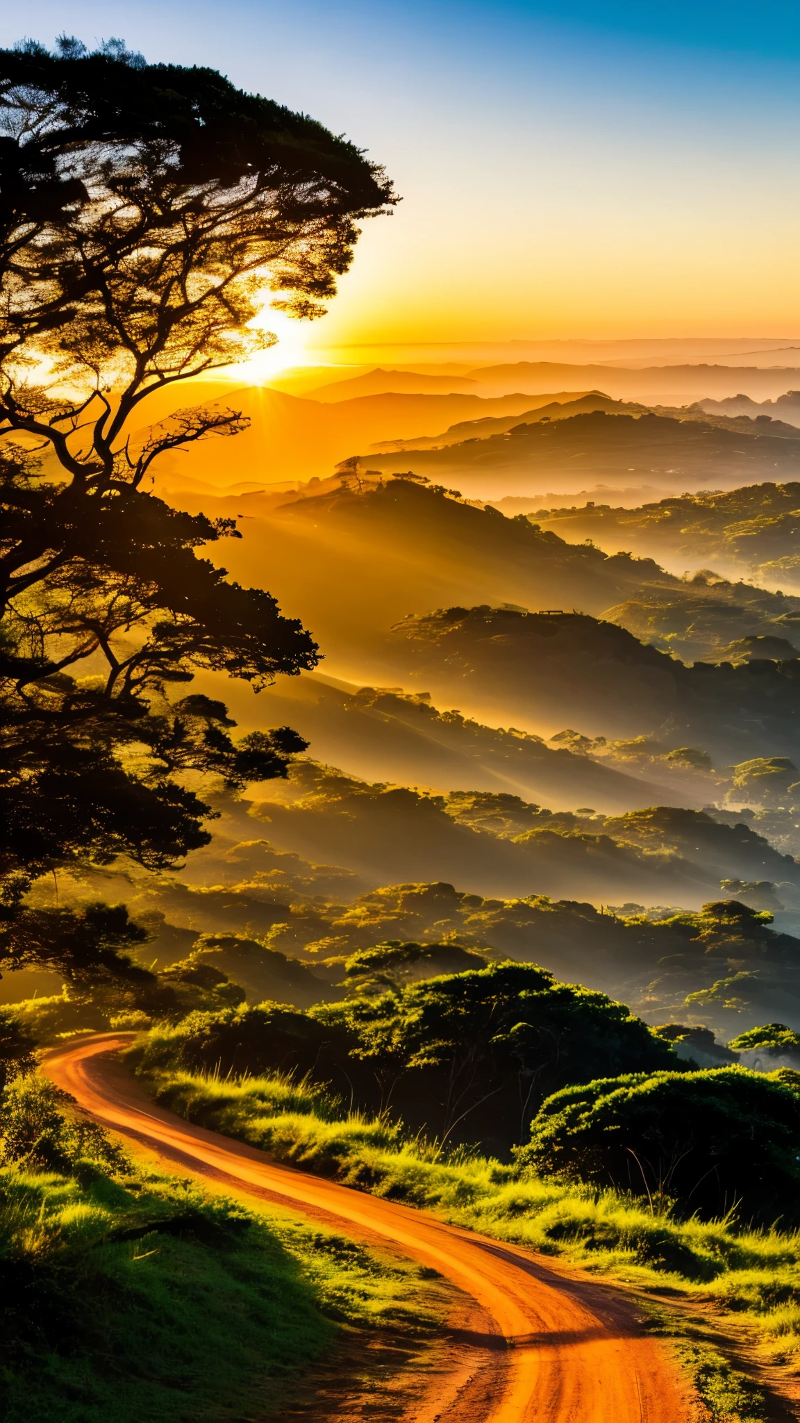 Uma estrada sinuosa em meio a uma paisagem natural, mostrando um amanhecer com o sol surgindo no horizonte.