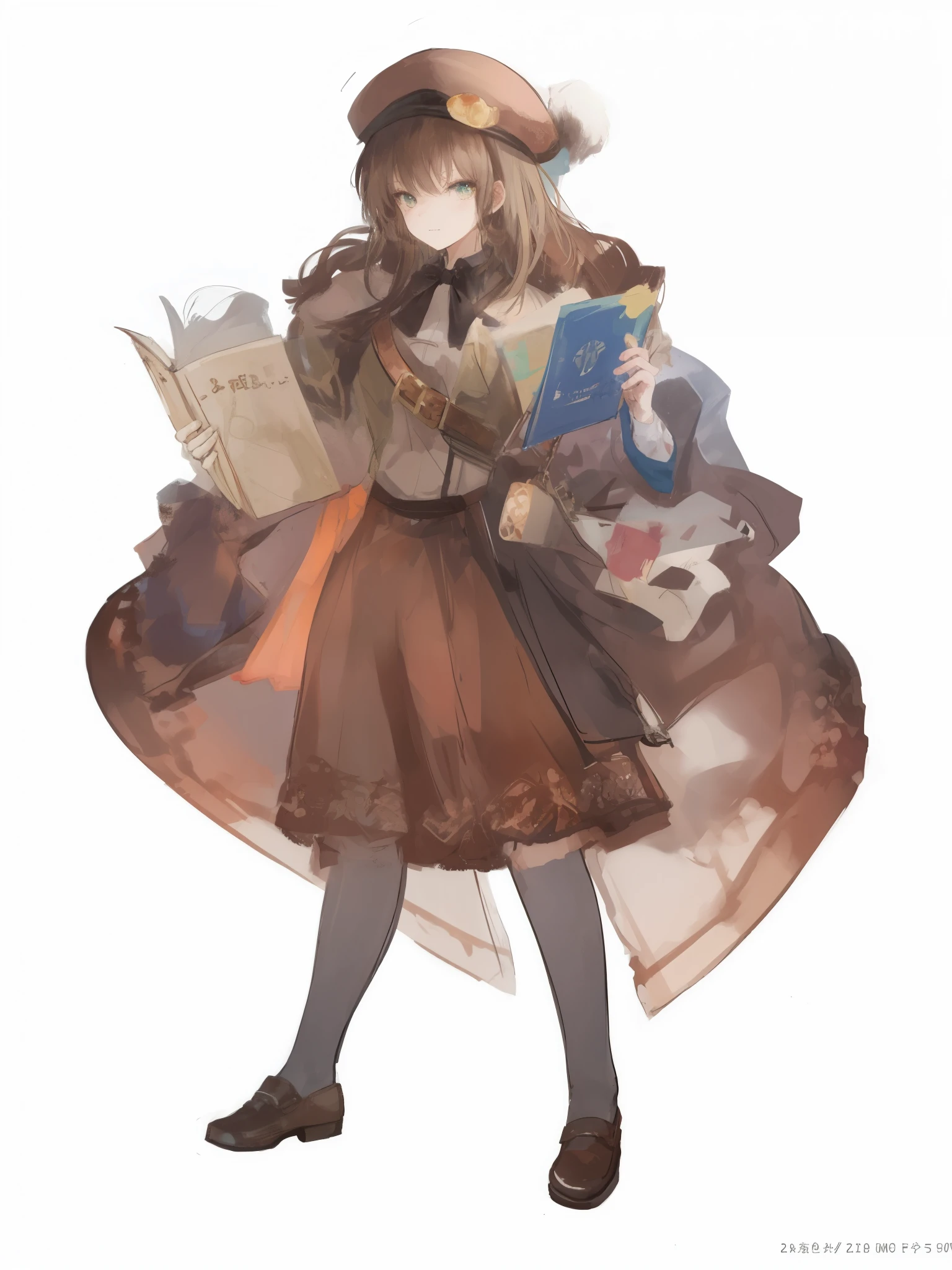 (brown hair swept bangs:1.3), a cartoon picture of a woman in a hat and coat holding a book, full body illustration, rpg portrait full body, fullbody rpg portrait, official character art, octopath traveller style, full body character, single character full body, ( ( character concept art ) ), full-body character portrait, anime full body illustration, character full body portrait, full body character portrait