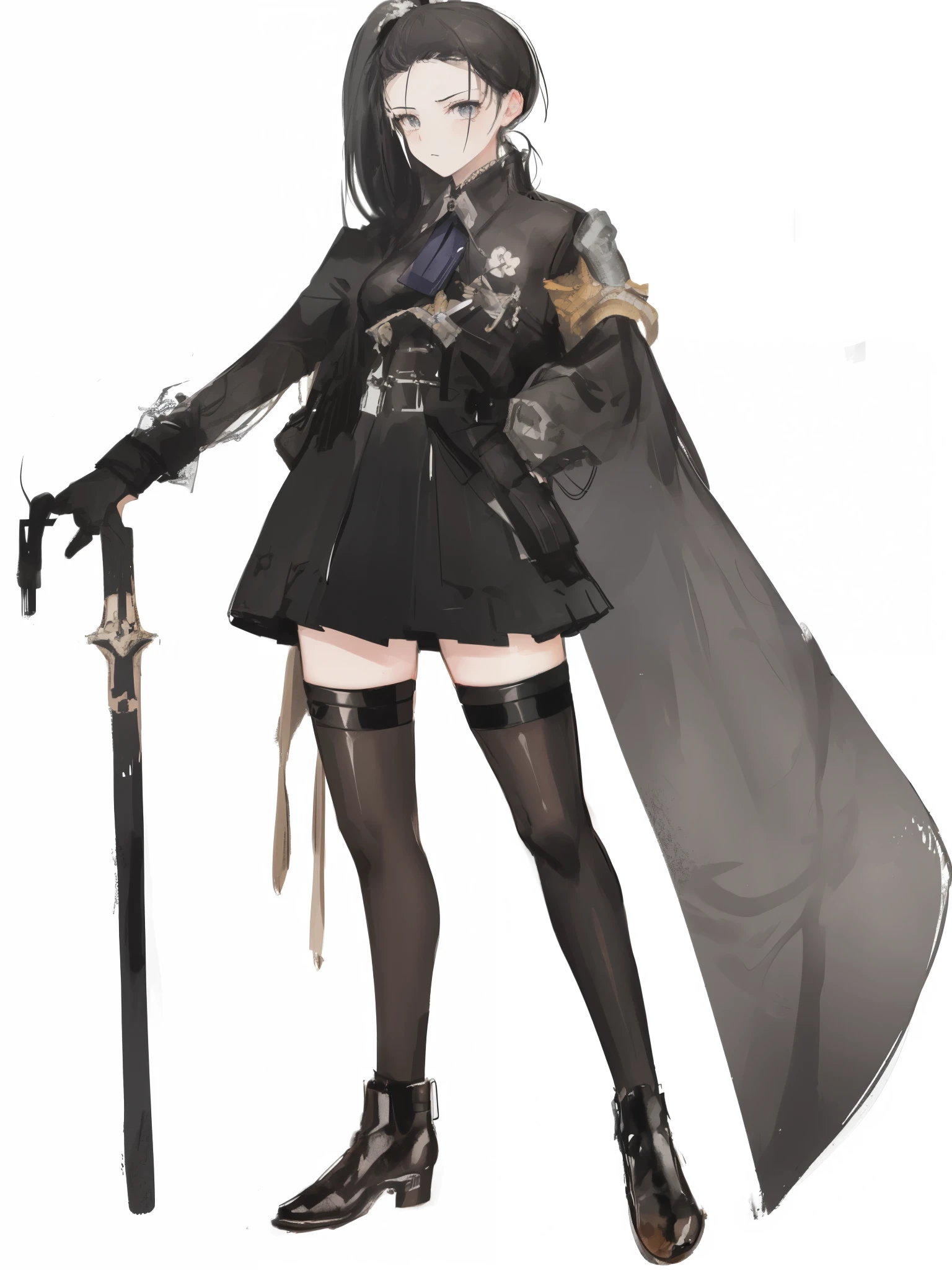 (ponytail forehead hair pulled back:1.3), a woman in a black outfit holding a sword and a sword, fine details. girls frontline, from girls frontline, girls frontline style, girls frontline cg, girls frontline universe, girls frontline, noire, official character art, inspired by Li Chevalier, from arknights, ayaka genshin impact, ( ( character concept art ) ), nier autoamata