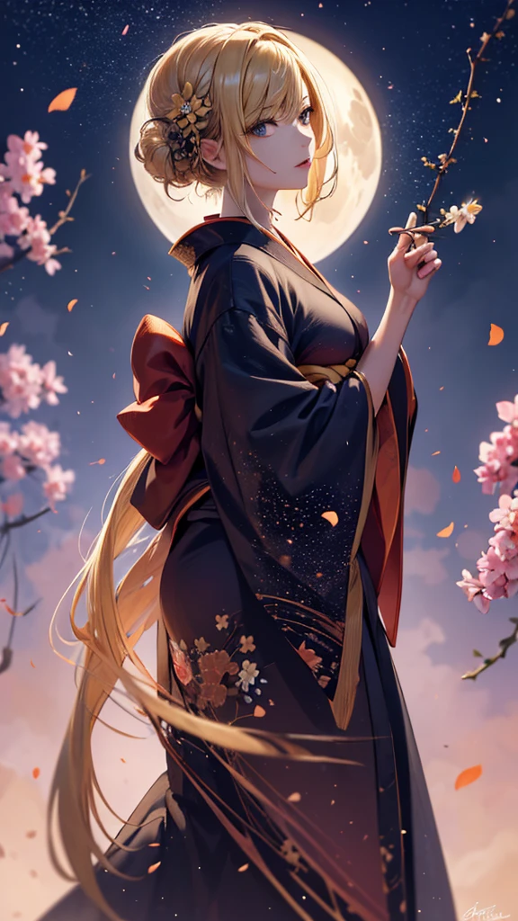 masterpiece, high quality, 4K, Beautiful design, silhouette，blonde， 非常に詳細な夜のStarry Sky,Flower Field， wonderful, Finer details,  Very knowledgeable woman, Highly detailed solo, 1 female,Big Breasts，Red colored kimono，Night view，Starry Sky，full moon，