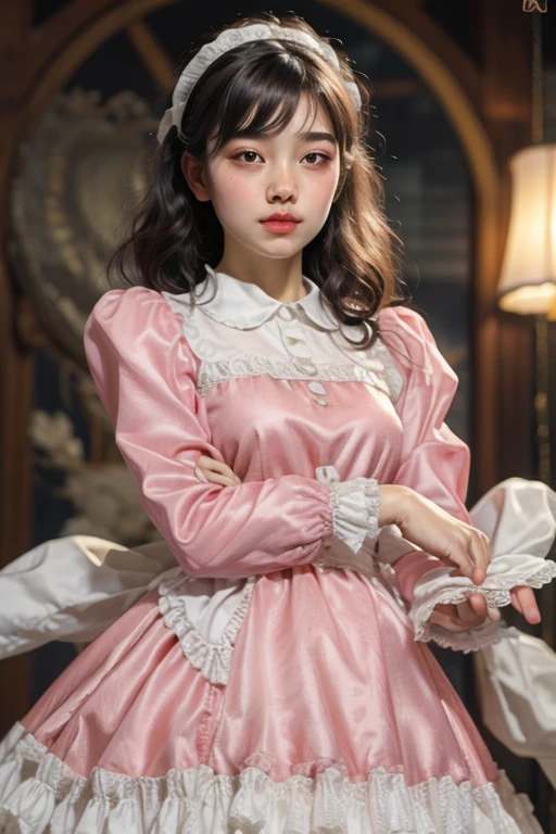 One girl、Maid clothes、Very beautiful girl、Very detailed、Intricate details、delicateな特徴、Perfect Skin、long flowing hair、Detailed eyes、Detailed lips、Captivating Gaze、Graceful pose、Graceful Movement、Soft lighting、Warm color palette、Ethereal、dream-like、delicate、translucent、Thin fabric、Sparkling、Shine、Calm、Cinematic、Realistic、8k、High resolution、masterpiece、Digital Art、m4id、Very wide short skirt、petticoat、dress、apron、Frills、Headpiece、