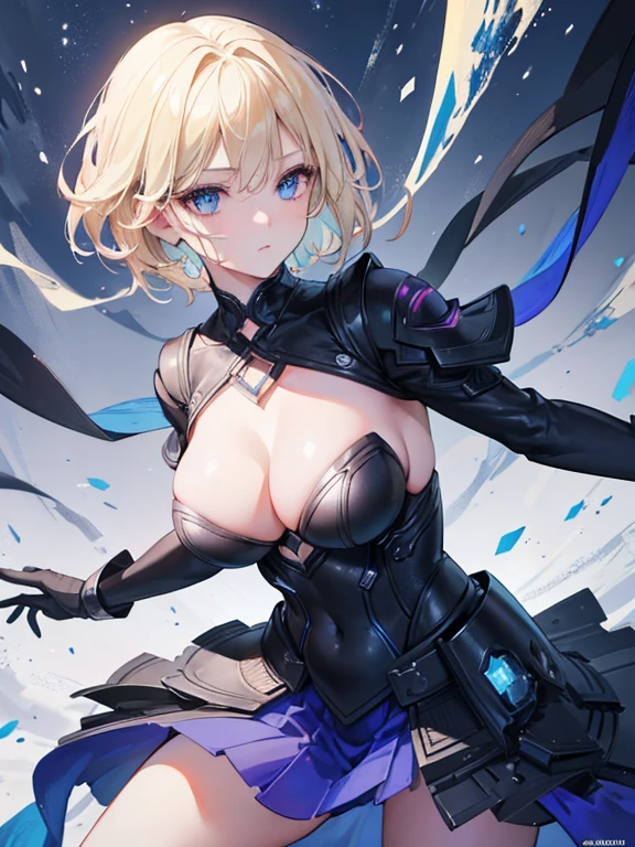 1girl, short haired blonde, blue eyes, beautiful detailed eyes, beautiful detailed lips, extremely detailed face and eyes, longeyelashes, medium breasts, innocent expression, cute, energic, black coat, action pose, alley background, (best quality,4k,8k,highres,masterpiece:1.2),ultra-detailed,(realistic,photorealistic,photo-realistic:1.37),studio lighting,vivid colors