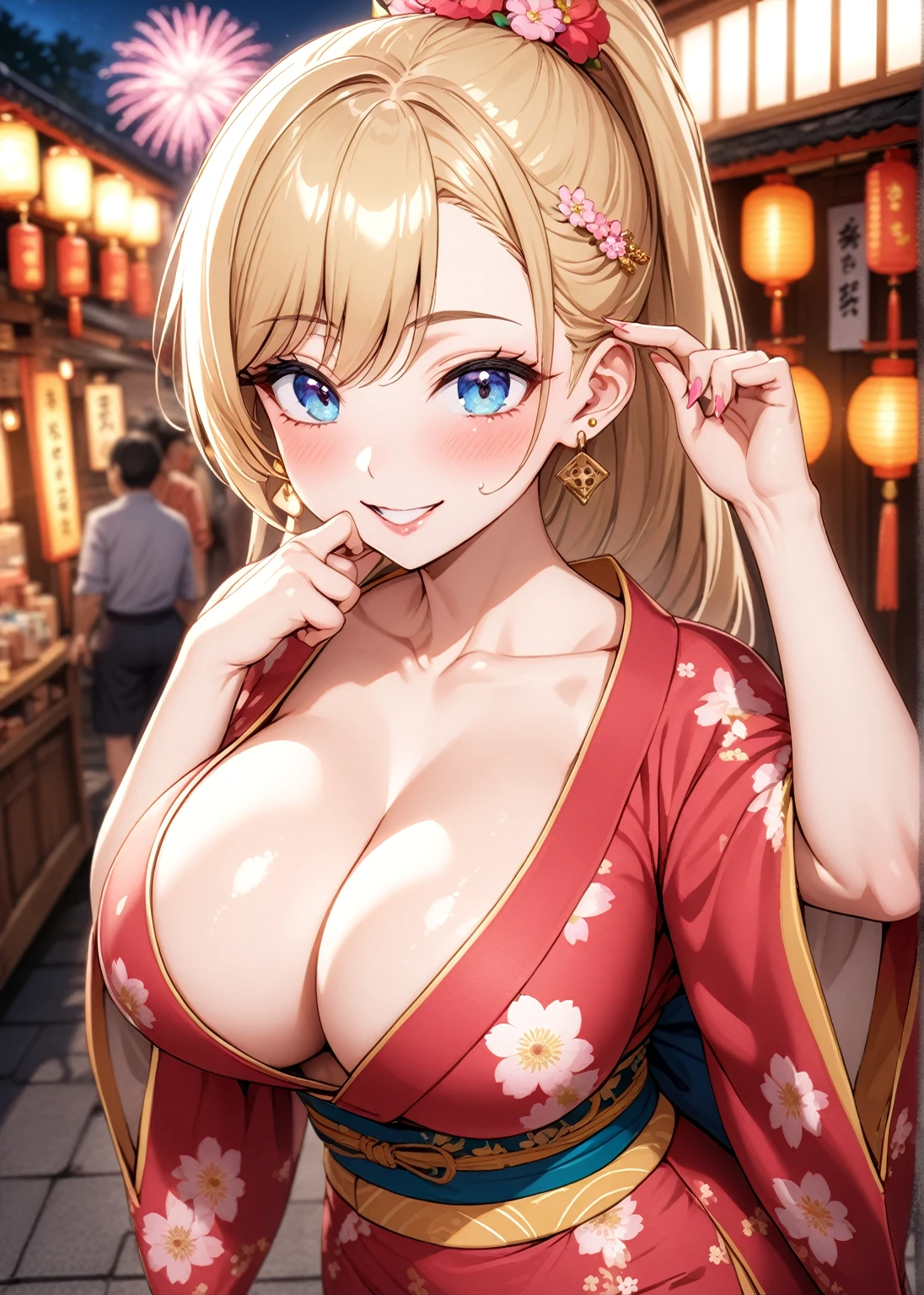 ((One woman)), Beautiful Face,Laughing embarrassedly,(Touching ears with fingers),Become bright red,Sweat on the face,Glossy pink lips,night,Shrine festival stalls,firework, ((Anime style background)),masterpiece, highest quality, so beautiful, up to date, Complex details, (Pink long nails),AI-generated, Complex,High resolution, highest quality, super high quality,3D Images、View the viewers、3D Images,one person,Long Blonde Hair,High Ponytail,blue eyes,Anime woman posing for a photo, [[Fine grain、Colorful eyes、Shining Eyes:1.15]],(Squint your eyes:1.1),a hyperRealistic , hyperRealistic , Realistic,Blonde anime woman with long hair, Smooth anime CG art, A woman in a colorful kimono with gold embroidery, (Yellow kimono),Pink floral pattern,Long flower hair ornament,Big earrings,(Large Breasts:1.2),Mature Body,tall,Big Ass,Fine details,Narrow waist,Six-pack,Photographed from diagonally above,looking at the camera