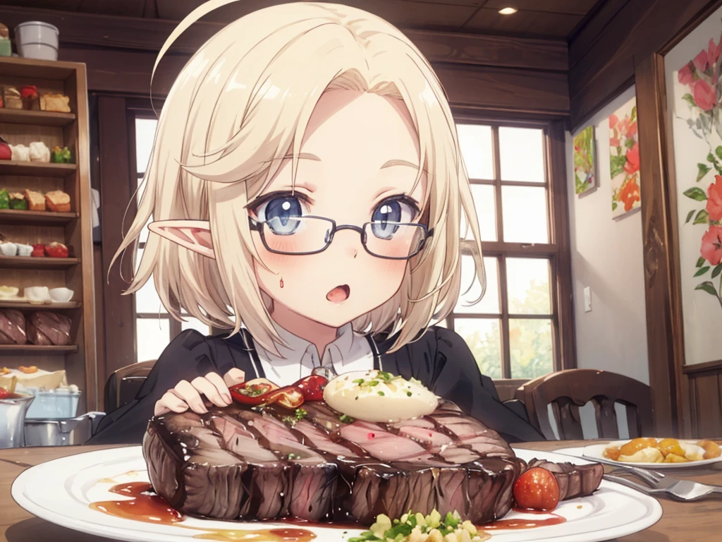 (watercolor), (eat a steak, many foods), ((****)), solo, , blue eyes, beautiful detailed eyes, glossy blonde hair, ahoge, short hair, glasses, elf, blush, happy smile, open mouth, forehead, knife and fork, big mouth, ((:o))