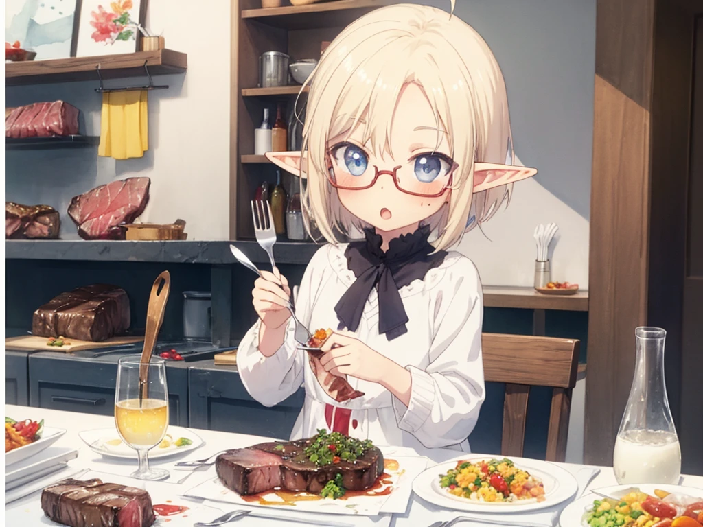 (watercolor), (eat a steak, many foods), ((li)), solo, , blue eyes, beautiful detailed eyes, glossy blonde hair, ahoge, short hair, glasses, elf, blush, happy smile, open mouth, forehead, knife and fork, big mouth, ((:o))