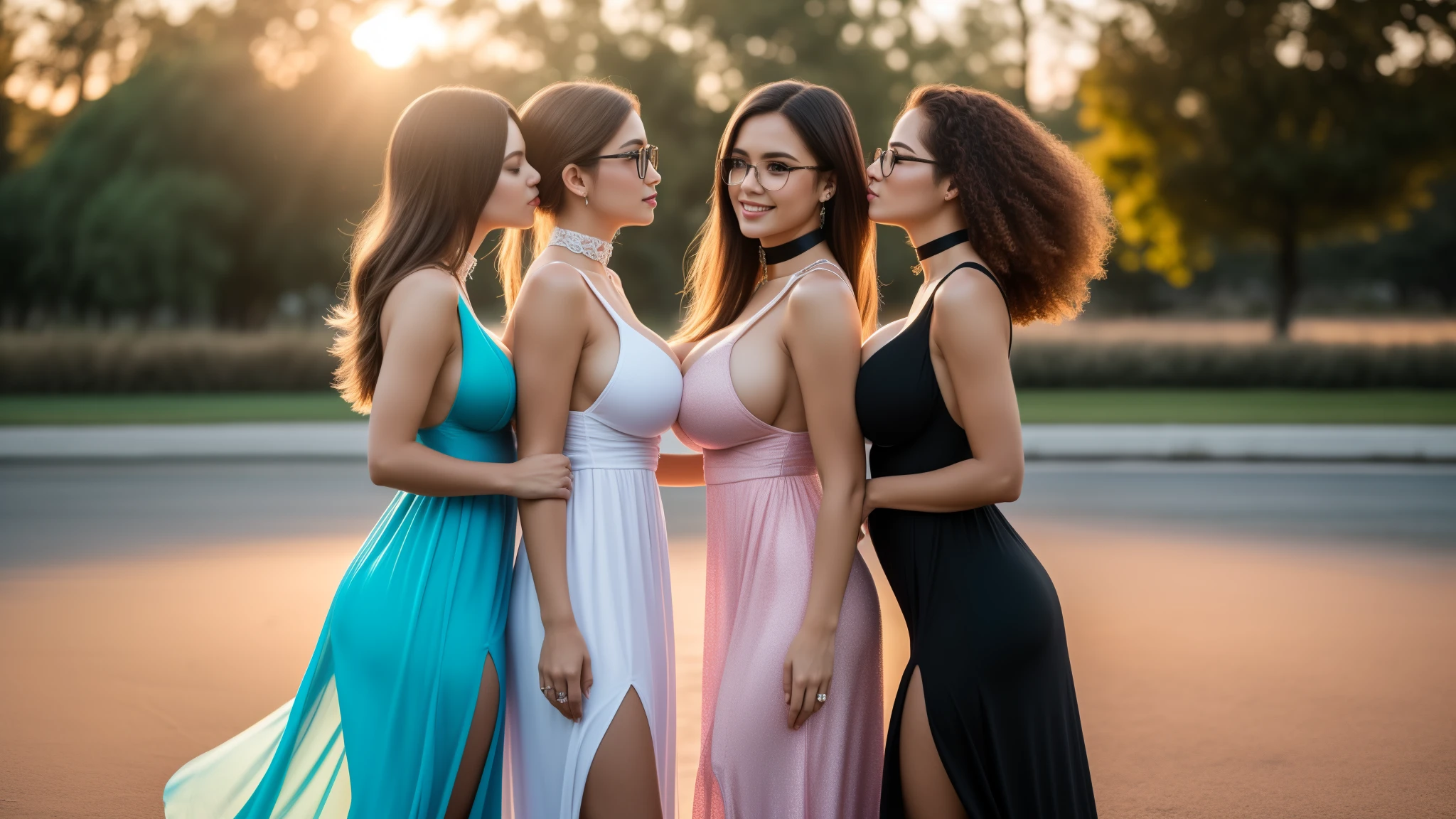 three girls, masterpiece,best qualtiy,hdr, hyper HD, 8K,Bokeh,Ultra-fine painting,Sharp focus,Physically-based rendering,Extreme detail description,,full-body photo,back turned at viewer, (shag hair), Sexy smile, choker, sexy glasses, (long dress with high split:1.2), (in sunset light:1.2), (kissing:1.2), perfect eyes, perfect hands, perfect body, perfect hair, (Big breasts:1.5), (EOS R8, 50 millimeters, F1.2, 8K, RAW photo:1.2), photograph by arny freytag