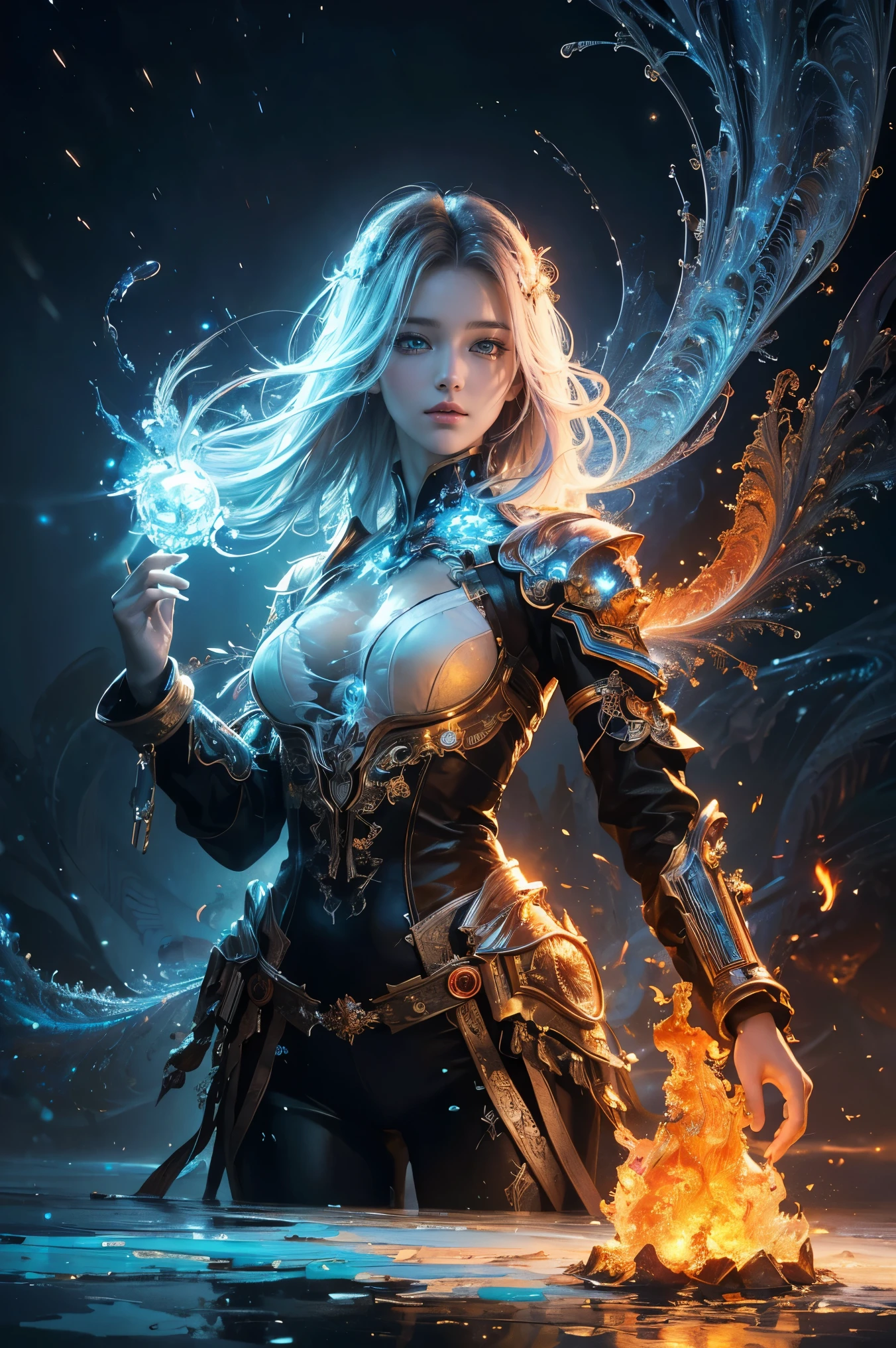 (masterpiece, top quality, best quality, official art, beautiful and aesthetic:1.2), (1girl), extreme detailed,(abstract, fractal art:1.3),colorful hair,highest detailed, detailed_eyes, fire, water, ice, lightning, light_particles, ghost,