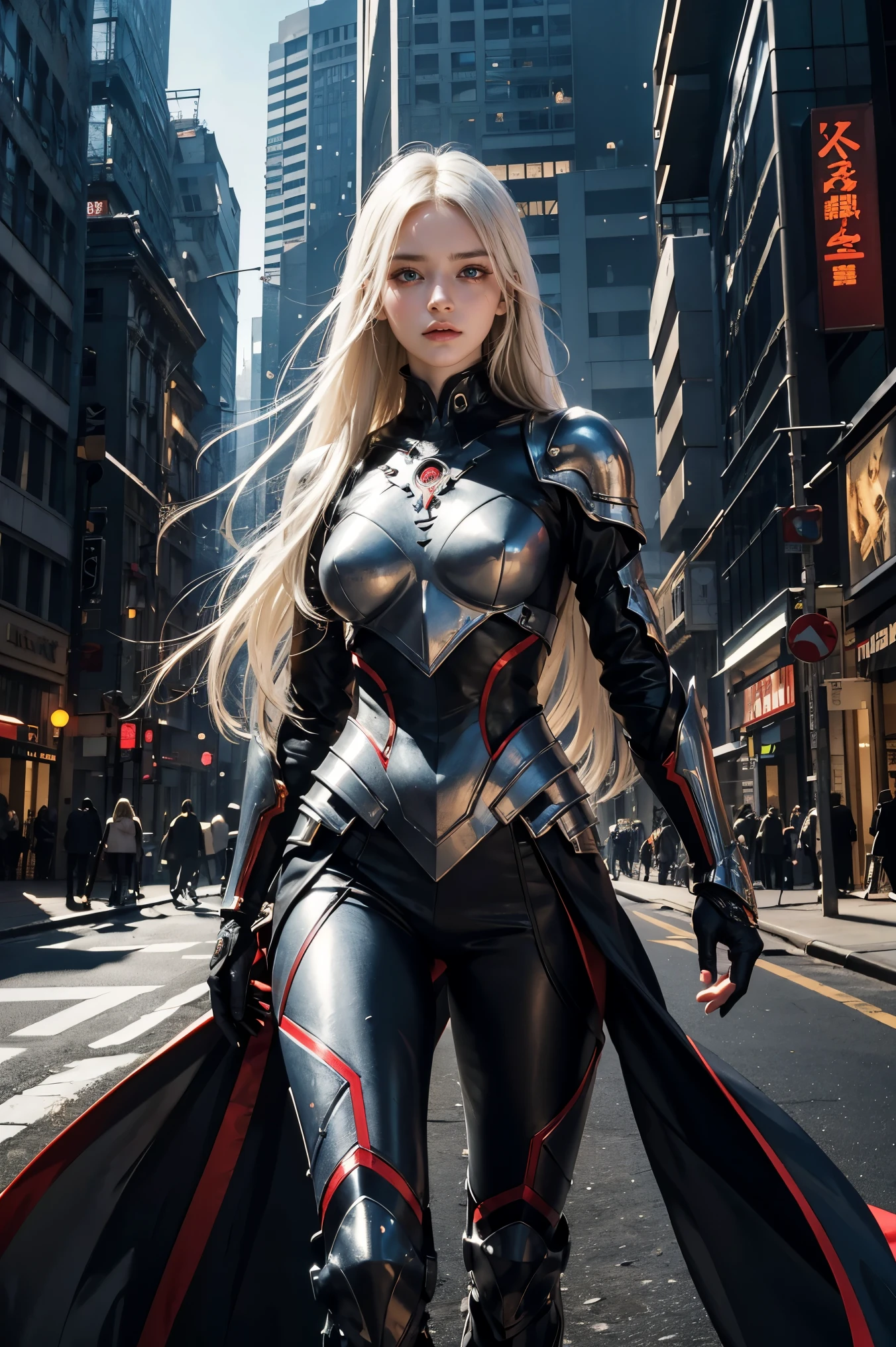 (masterpiece, best quality, offial art), 1girl, fullbody view, solo focus, delicate face, stern expression, extremely detailed face and eyes, beautiful armor, white hair, very long hair, red eyes, glowing eyes, futuristic setting, futuristic city, detailed background, abrstact_background