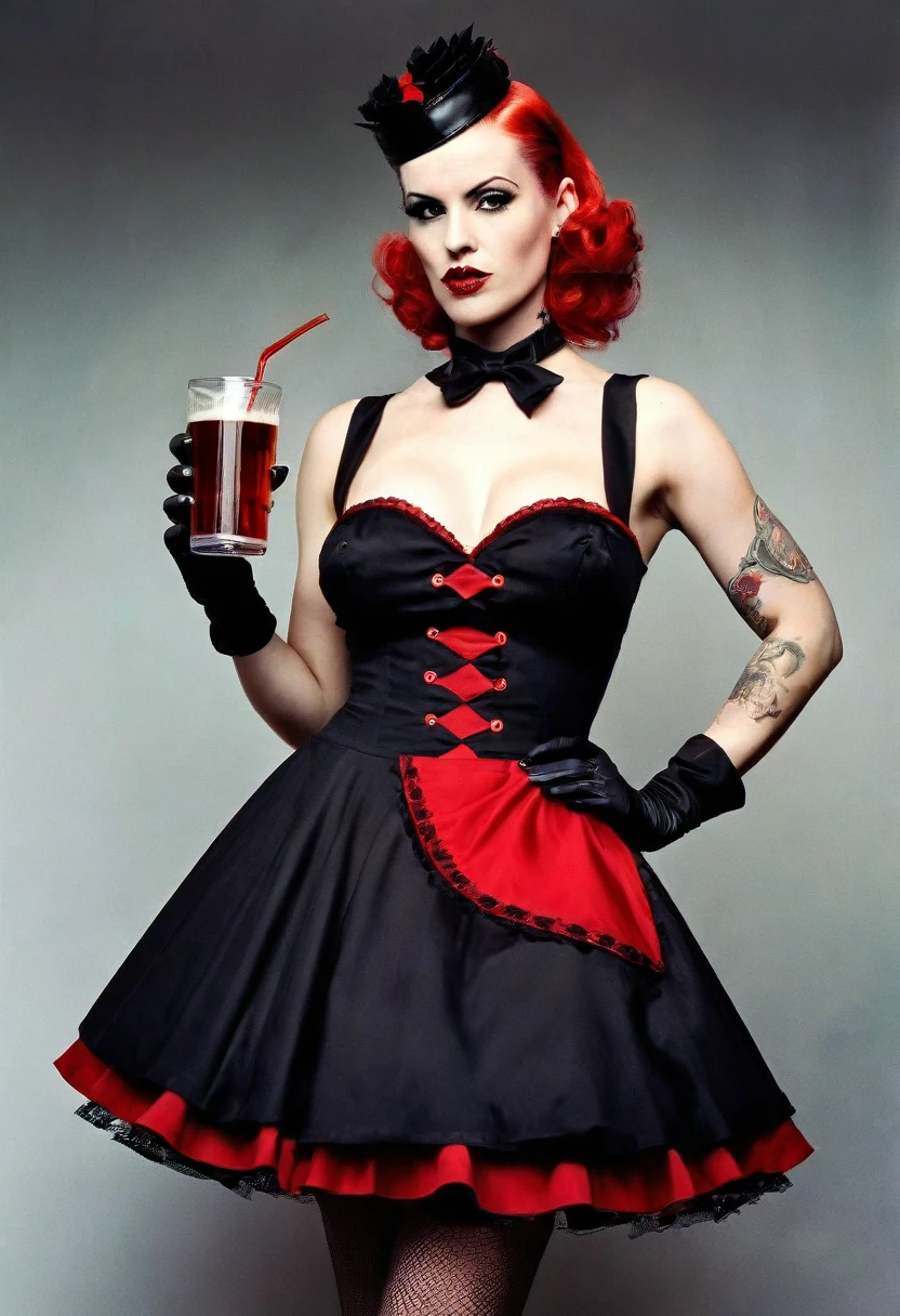 Full-body portrait in the style of Bettina Rheims, psychobilly fashion model with a towering stature and a charming presence, holding a drinks tray, confidence radiant in a complex black and red psychobilly maid outfit, headshot-winning aesthetics of the 35awards, high resolution, ultra clear, ultra realistic, dramatic lighting, ultra fine. octane render. 32k anatomically perfect, High Resolution, High Quality , Masterpiece