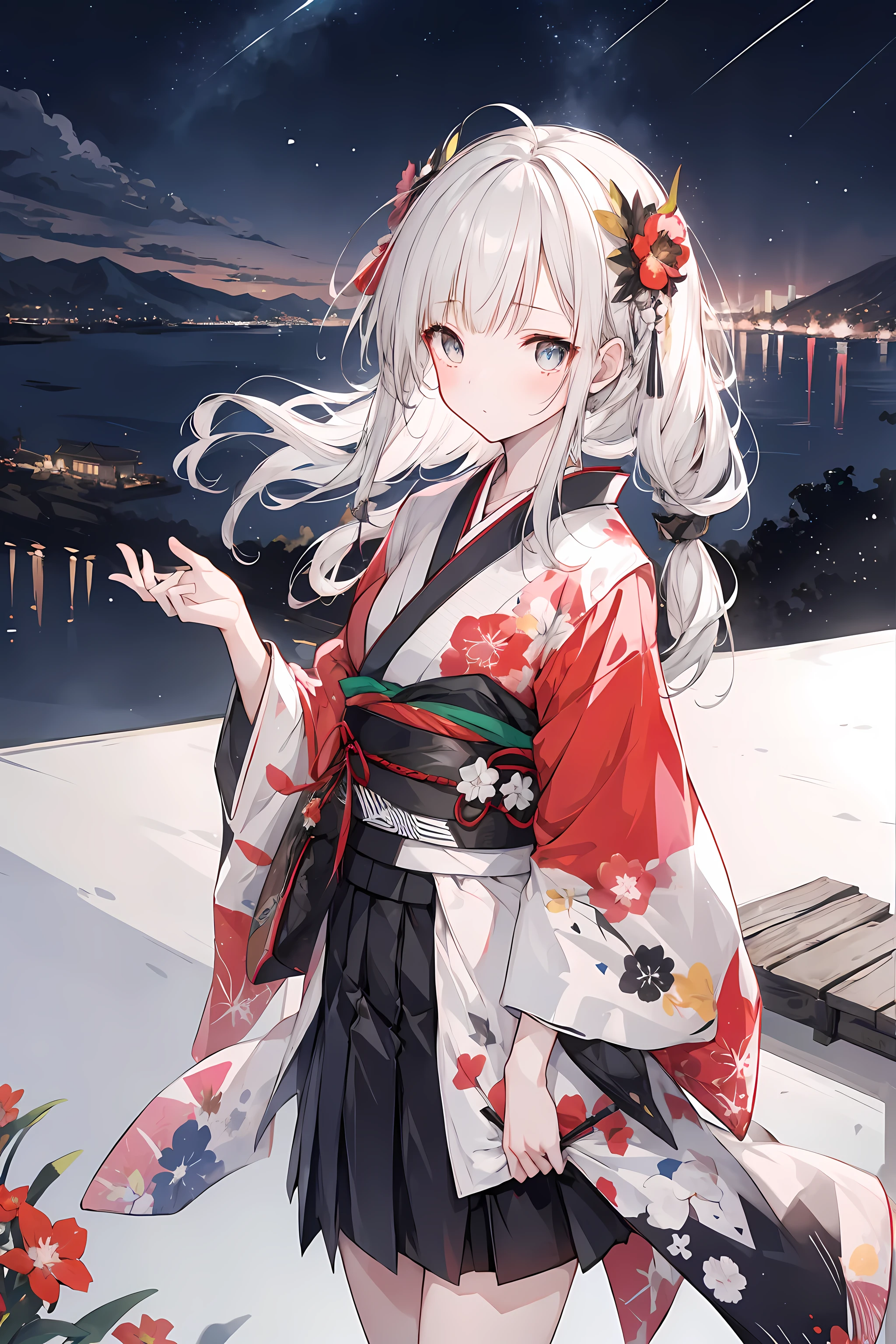 （Masterpiece，best qualtiy，A high resolution：2），1girl，high school senior，white skinned，Gray-black pupils，twintails，komono，Japanese kimono，Delicate face，Fireworks festival，Mountaintop Observation Deck，hilltop，Vast night sky background，the night，The environment is dim，Sora Kasugano，Animated illustration style，pixiv popular，Cowboy shooting，Full body in camera，16K，8K，High Picture Quality，High pixel ratio