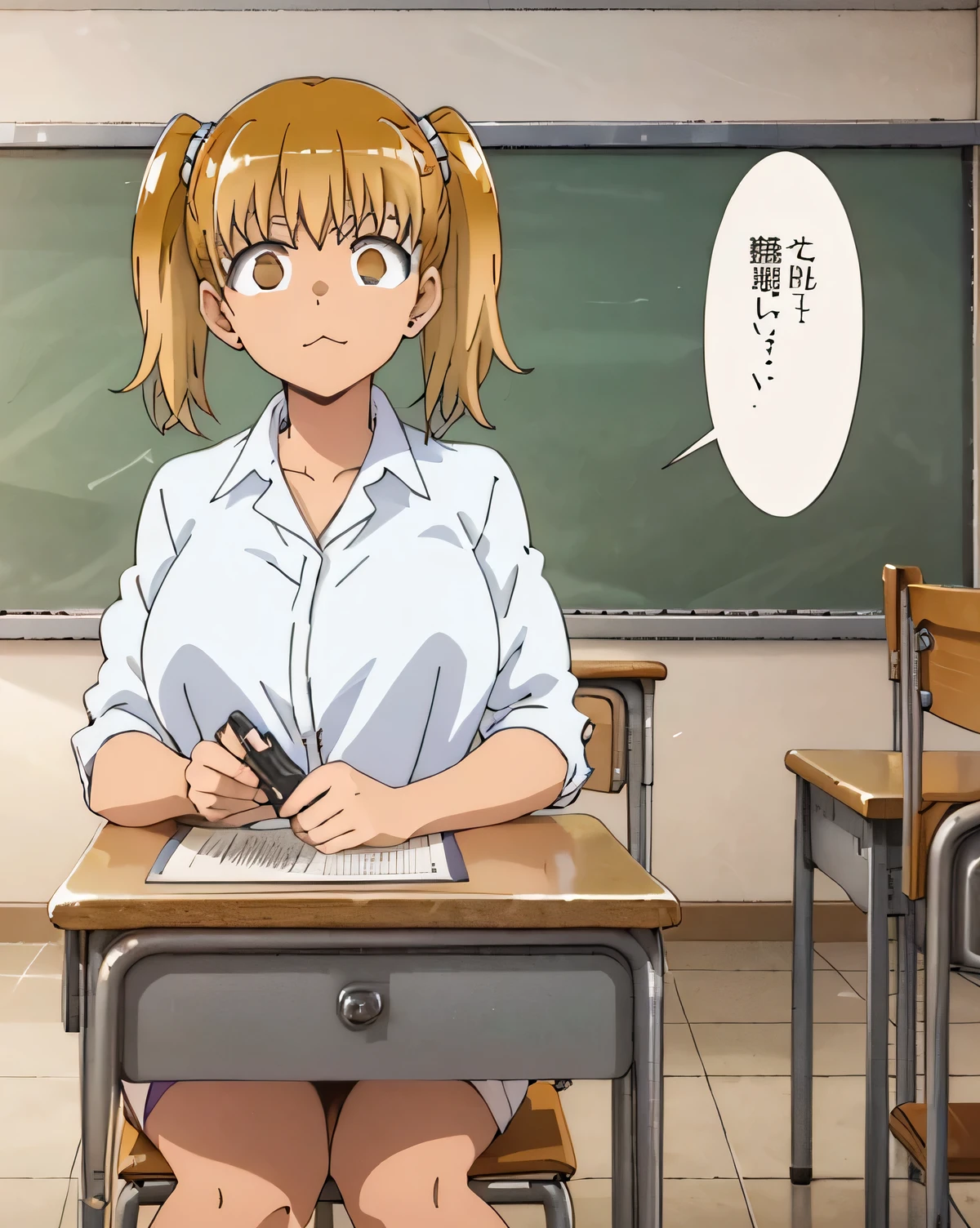 very detailed, high quality (medium long shot), illustration from the anime Ijiranaide Nagatoro San, very voluptuous body, looking forward, empty classroom