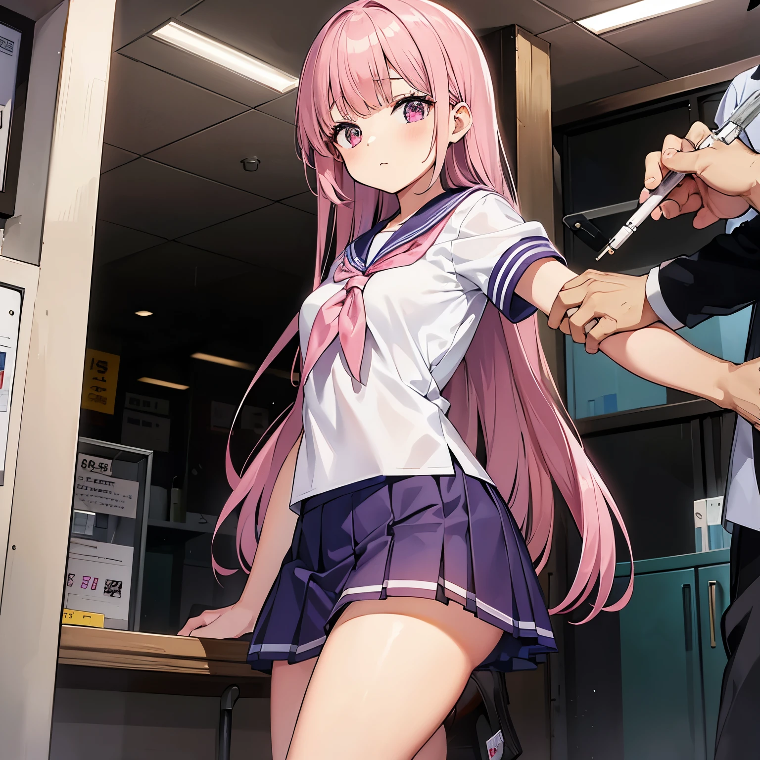 A pink-haired high school girl in a sailor uniform receives a vaccination、A man grabs your arm、Take the syringe and stick it into your upper arm.。.
