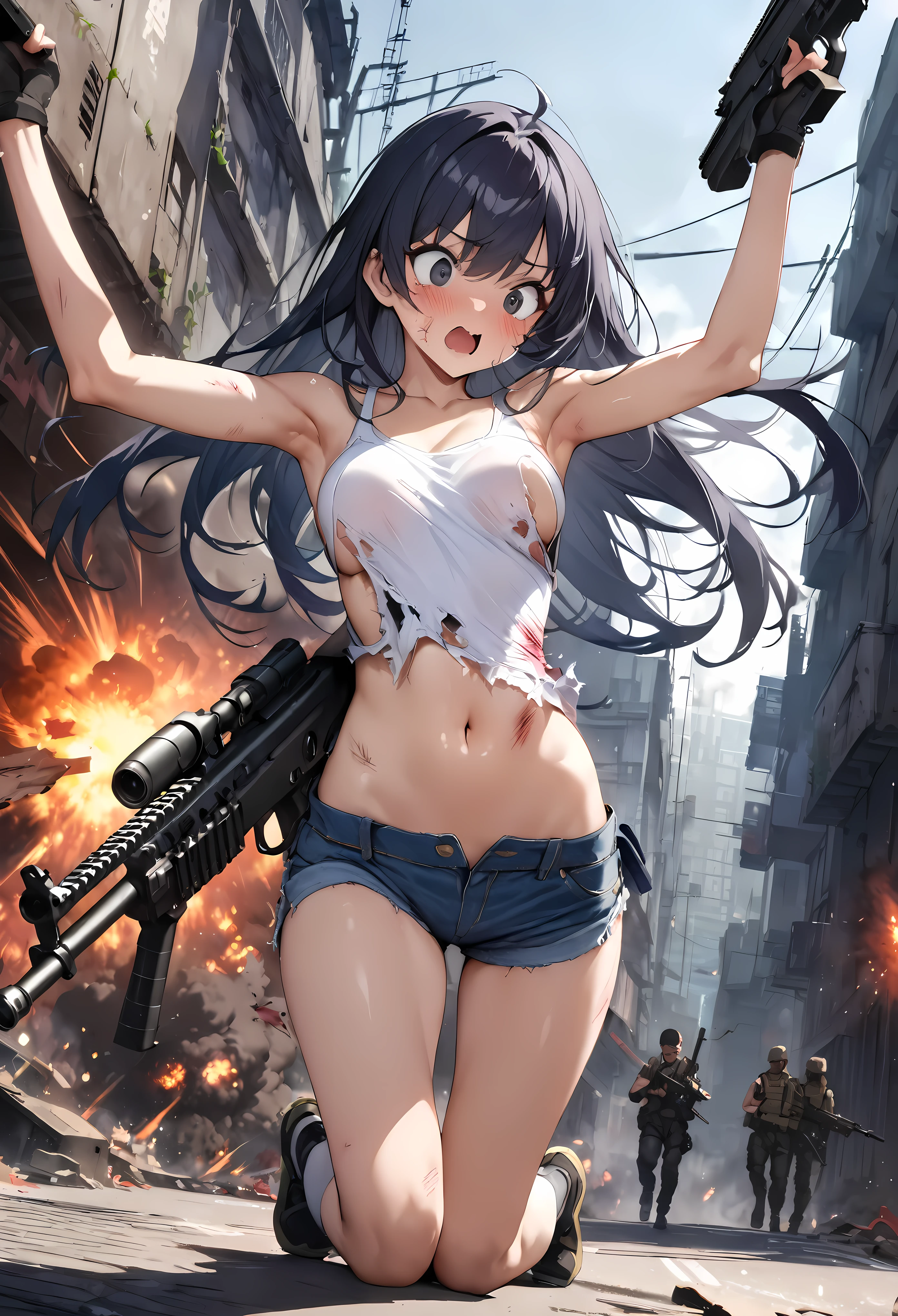 Gun action scene、explosion、Urban Warfare、Gunfight、((masterpiece, highest quality:1.3)),cowboy shot,20 year old beauty,solo,((very small head)),long body,dark blue hair,long hair,black eyes,bangs,medium breasts,,slender body,skinny,shiny skin,oily skin,Surprised、,White tight tank top、Crop length、navel、Denim micro mini shorts、GUNBELT,military vest,equipped with automatic rifle、(((be caught up in an explosion、Injury、Ripped clothes)))、kneeling,on street、Ruined Tokyo、Exploding Building、End of the World、War between aliens and humans、