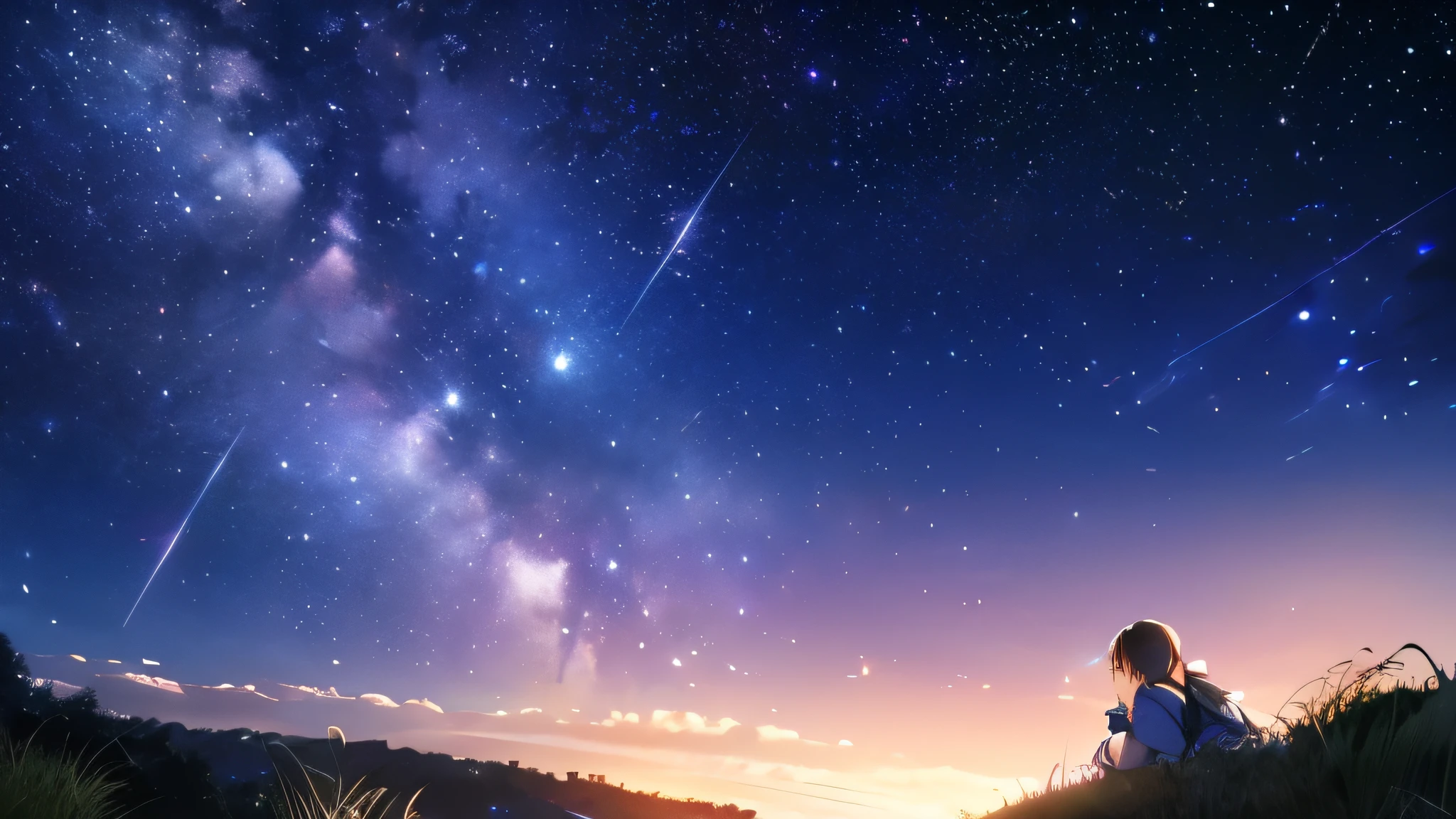 night、The Milky Way spreads across the sky、The stars are twinkling.。The girl is far away。Starry sky。A young girl is lying on a hill in the distance, Look up at the stars。