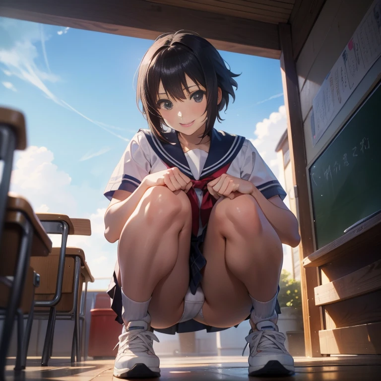 shinkai makoto, kimi no na wa., 
detailed background, beautiful and detailed face, beautiful, smooth skin, skin texture, beautiful teenage girl, ((3 beautiful girls)), short black hair, cute hairstyle, changing clothes in school classroom, smiling, laughing, sexual expression, smiling face, cute colored sailor uniform, white sailor collar, plaid pleated mini skirt, bright colored knee-high socks, punch shot　　　　　　　　　　　　　　　　　　　　　　　　　　　　　　　Anime girl sitting at a desk by the blackboard in the classroom, beautiful anime , cute anime girl, white panties, cute, seductive anime girl, anime moe art style, beautiful anime girl squatting, best anime girl, smooth anime CG art, attractive anime girl, cotton panties, surreal, young anime girl, wearing sneakers ,white panties,full color,(masterpiece,best quality:1.2),high resolution,high resolution,in 8k,real live action,RAW photo,best quality,masterpiece,very delicate,high resolution RAW color photo,professional photo shoot,great face and eyes,super high resolution,RAW photo,beautiful,beautiful girl,(solo:1.2),black hair,big tits,blushing,smiling,big,,showing to the viewer,squatting,(squatting panty shot:1.2),panty fully visible,blushing,shy smile,outdoors,outside the house,obscene content,graffiti porn,,sitting with knees up,sitting with heels on the ground,holding knees with hands,shins facing forward,body facing forward,sitting with heels on the ground,legs spread,legs spread,white panties,8k photo,live shooting,best resolution,masterpiece:1.2,real,photorealistic ,High contrast,Photon mapping,Realistic,High detail,Professional lighting,Low angle:1.2),(Single girl),(Single:1.5),(Height:165cm),(18 year old high school girl),(Japanese high school uniform),(Summer blouse:1.2),(Checked short skirt:1.2),(Student with white shirt ribbon:1.2),(Squatting facing forward),(Legs spread:1.2),(White panties:1.5),(Camel toe),(White sneakers:1.2),(Perfect balance:1.2),(White panties visible under skirt:1.5),(Vagina clearl