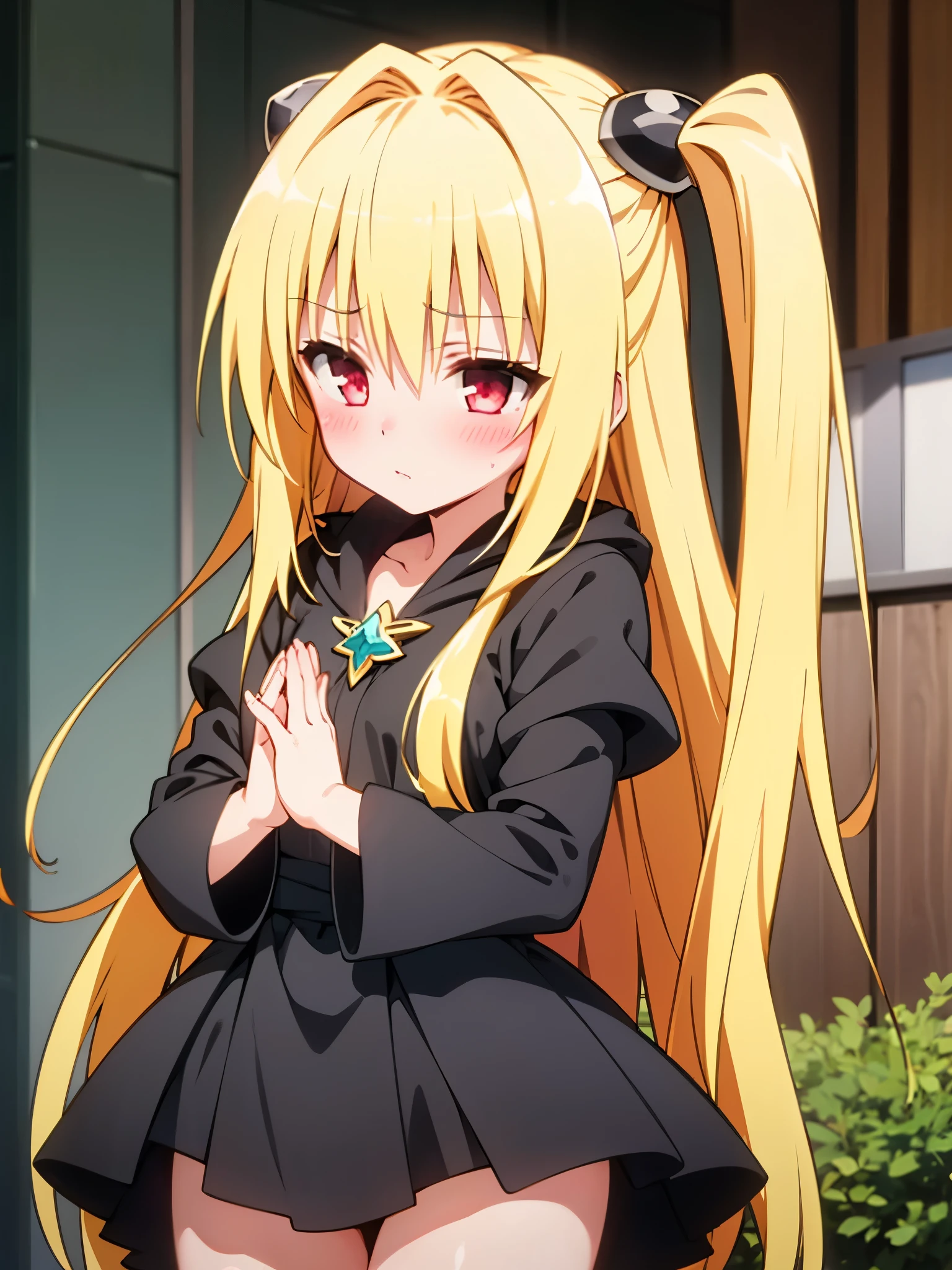 NSFW,phyami、One girl、Long Hair、solo、hair ornaments、Two Side Up、Blonde Hair、Red eyes、hair ornaments,Black Dress,(Perfect hands),(Perfect Anatomy),(masterpiece),(highest quality),Disgust,Embarrassed,blush