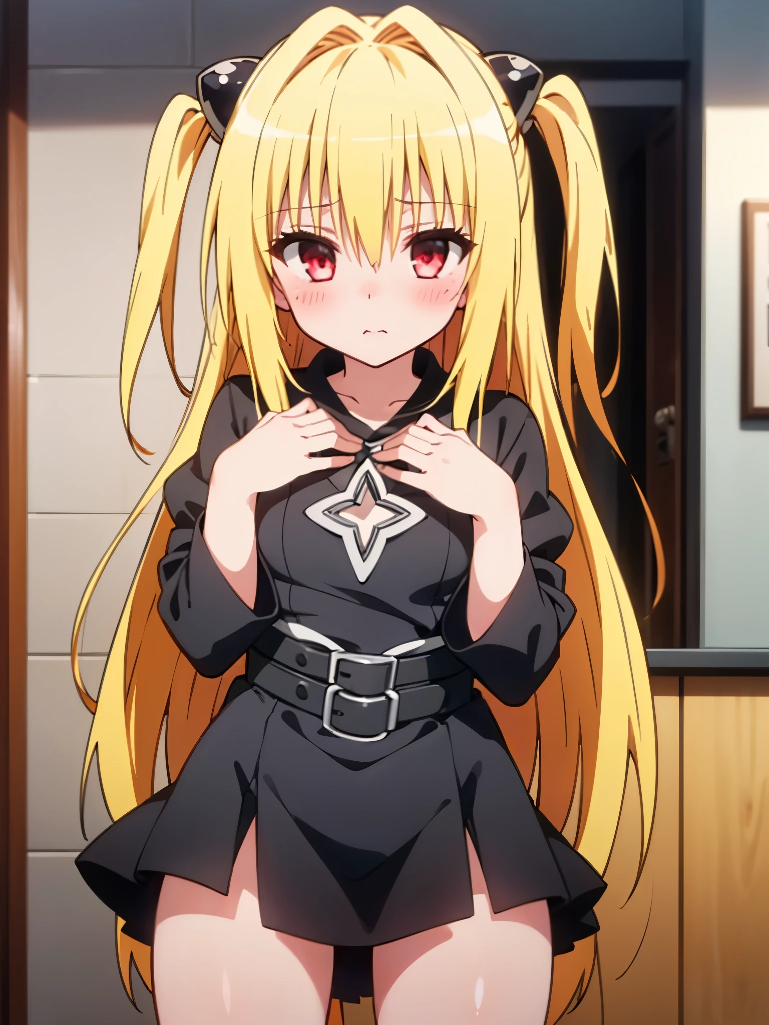 NSFW,phyami、One girl、Long Hair、solo、hair ornaments、Two Side Up、Blonde Hair、Red eyes、hair ornaments,Black Dress,(Perfect hands),(Perfect Anatomy),(masterpiece),(highest quality),Disgust,Embarrassed,blush