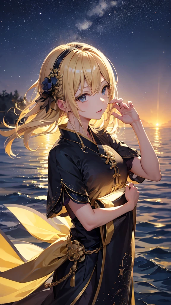 masterpiece, high quality, 4K, Beautiful design, silhouette，blonde， 非常に詳細な夜のStarry Sky,water&#39;horn， wonderful, Finer details,  Very knowledgeable woman, Highly detailed solo, 1 female,Big Breasts， Pure white dress，Night view，Starry Sky，