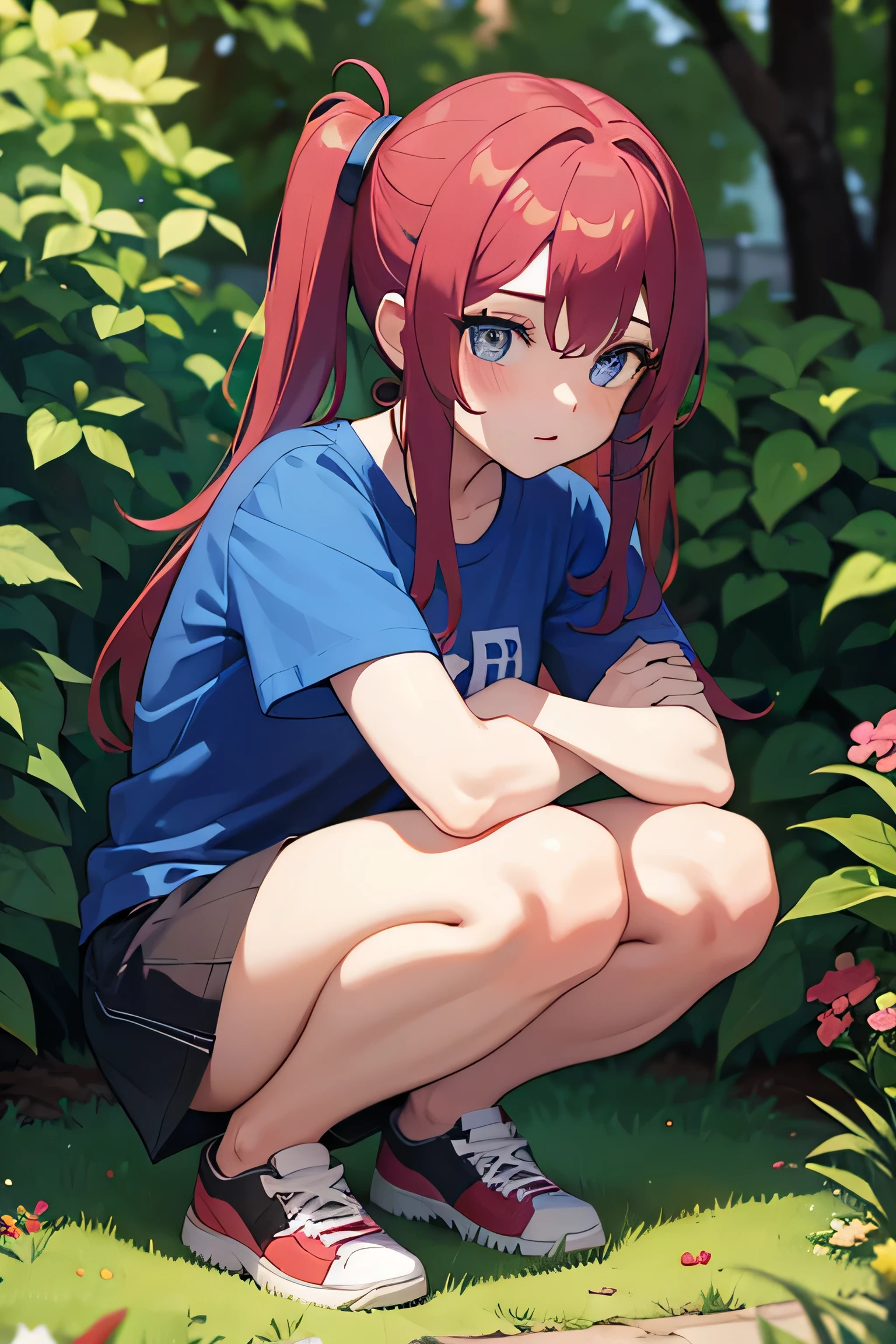 1girl, 20 yo, colorful Underwear, man t-shirt, Squatting, knees together, beautiful garden