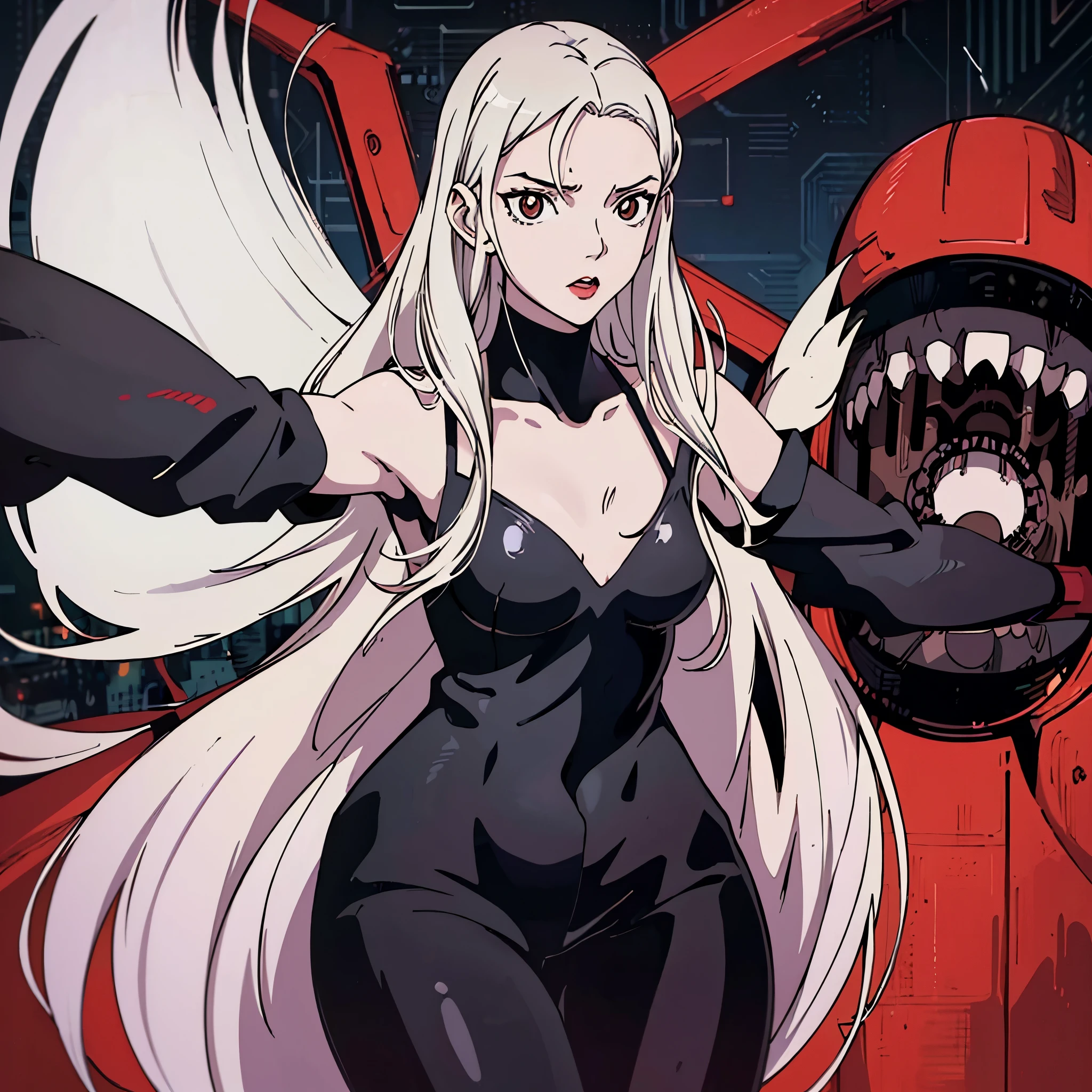 digital art drawing, illustration of (woman, long white hair mid part, brown eyes, sexy facial expression, black clothes, deep v neck body suit, flat chest, black shorts, red lips, cyberpunk, plain red background), anime drawing/art, bold linework, illustration, digital art, masterpiece, flat illustration, no shadows, 8k resolution, high detail, vector art, only anime, perfect eyes, perfect hands, perfect fingers, sharpness, high clarity, medium shot, high fidelity
