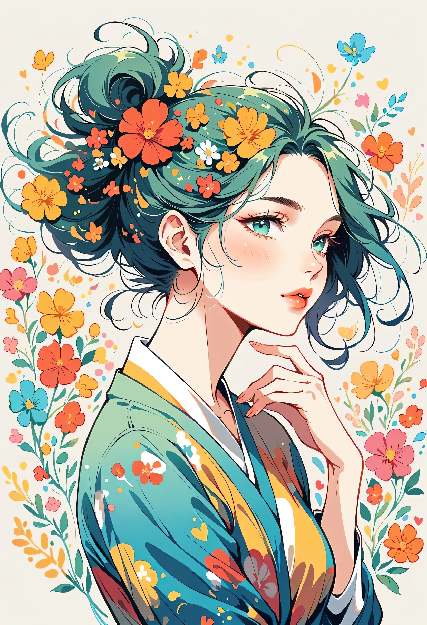 Takashi Murakami style, Stylish design,Stylish fashion,Simple Line Initialism,Abstract art,Urban Background, (((The most beautiful girl))), Lips in Love, colorful flowers