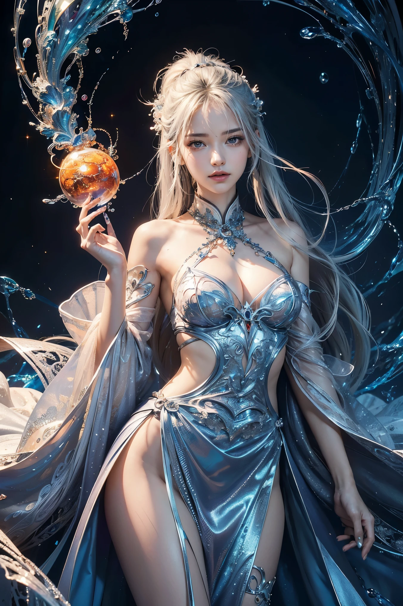 (masterpiece, top quality, best quality, official art, beautiful and aesthetic:1.2), (1girl:1.2), cute, extreme detailed,(abstract:1.4, fractal art:1.3),(silver_hair:1.1), fate \(series\), colorful,highest detailed, fire, ice, lightning, (splash_art:1.2), jewelry:1.4, hanfu, scenery, ink