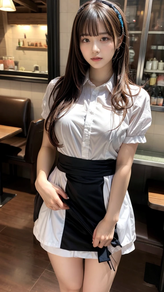 masterpiece, best quality, illustration, Super detailed, fine details, High resolution, 8K,wall paper, perfect dynamic composition,(Details High quality, realistic depiction of eyes:1.3), waitress uniform, restaurant, huge breasts, short bob hair、black hair color, Big Natural Color Lip, (perfect body shape), crying a little、cold gaze, Harajuku style、20 year old girl、cute type、lolita、beautiful legs, focus on crotch, full body photo, gravure idol