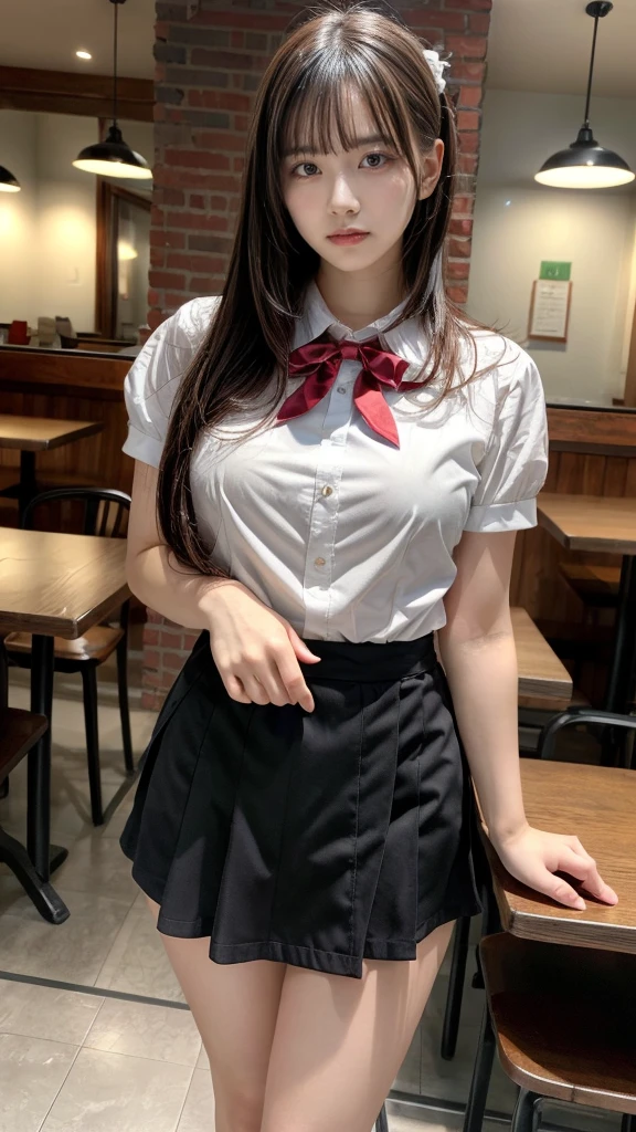 masterpiece, best quality, illustration, Super detailed, fine details, High resolution, 8K,wall paper, perfect dynamic composition,(Details High quality, realistic depiction of eyes:1.3), waitress uniform, restaurant, huge breasts, short bob hair、black hair color, Big Natural Color Lip, (perfect body shape), crying a little、cold gaze, Harajuku style、20 year old girl、cute type、lolita、beautiful legs, focus on crotch, full body photo, gravure idol