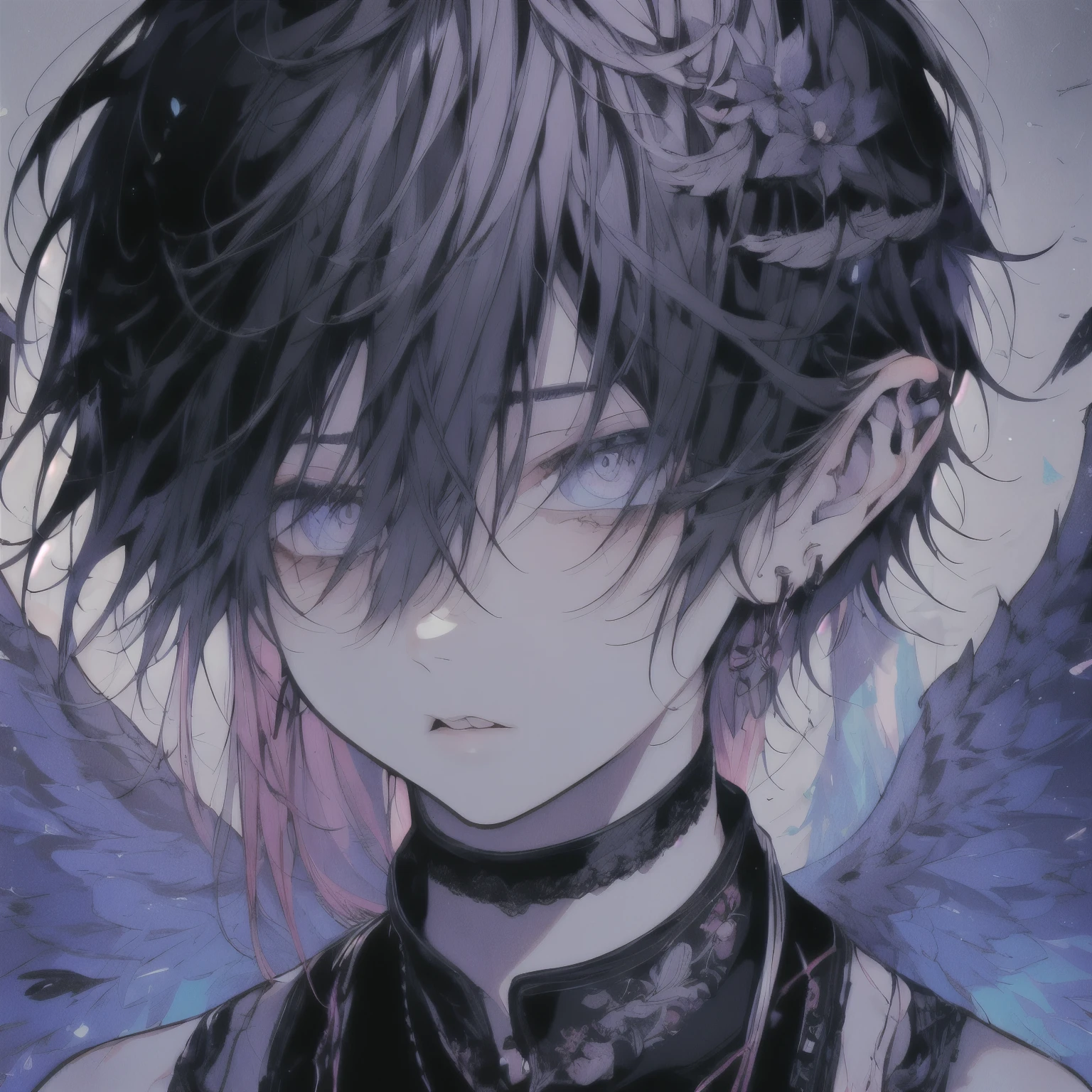 One boy、水色のhair、hair,View Viewer,Lips parted,Grey Eyes,前hair,Hair between the eyes,Portraiture,Exposing shoulders,eyelash,choker,Particles of light,Wings with feathers,ct style,Beautiful Eyes,