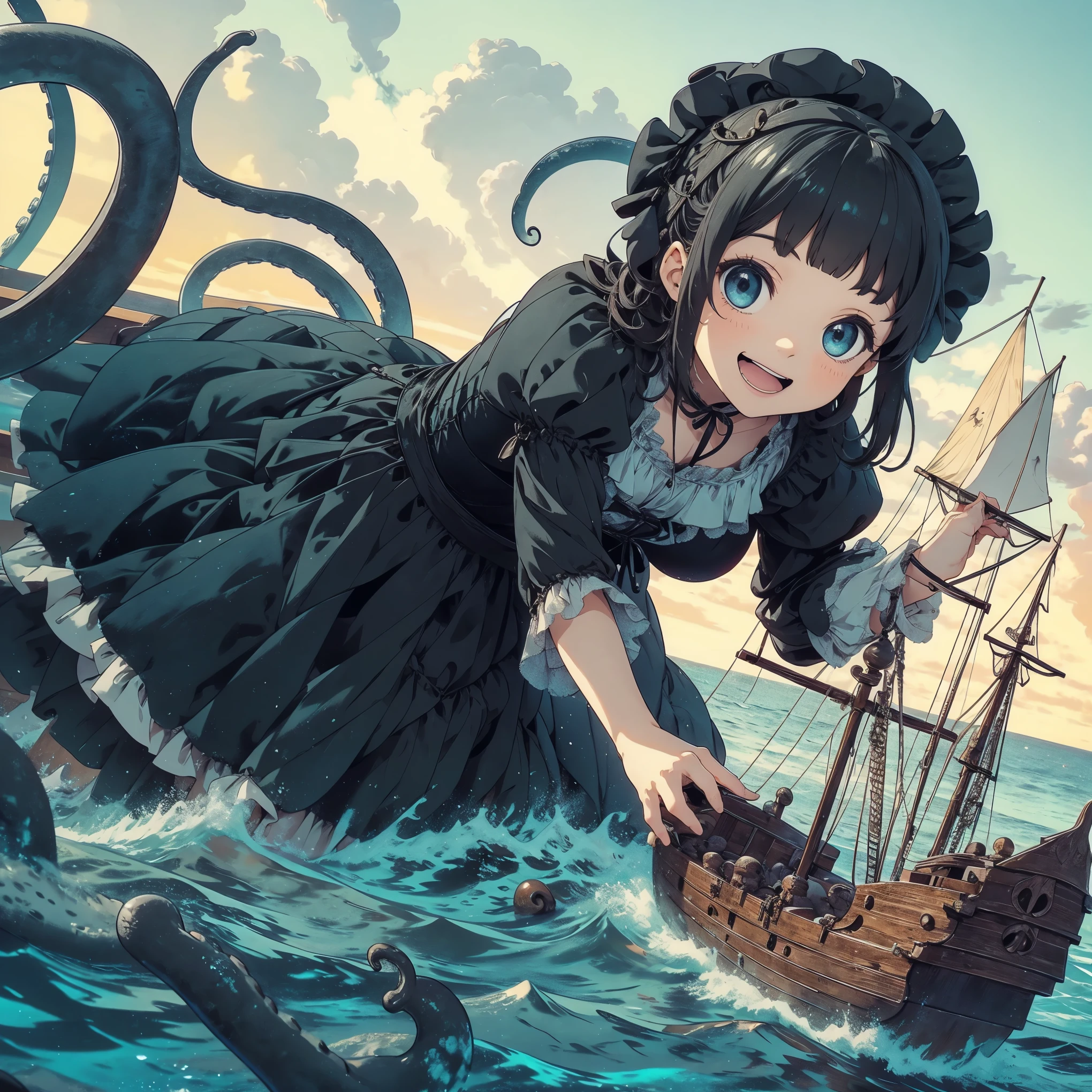 Giant girl leaning out of the sea. She wears a gothic dress. dress with ruffles. Innocent laughter.  Grab and sink the ship. Wooden boat. Tentacles extending from the sea. View from the ship.