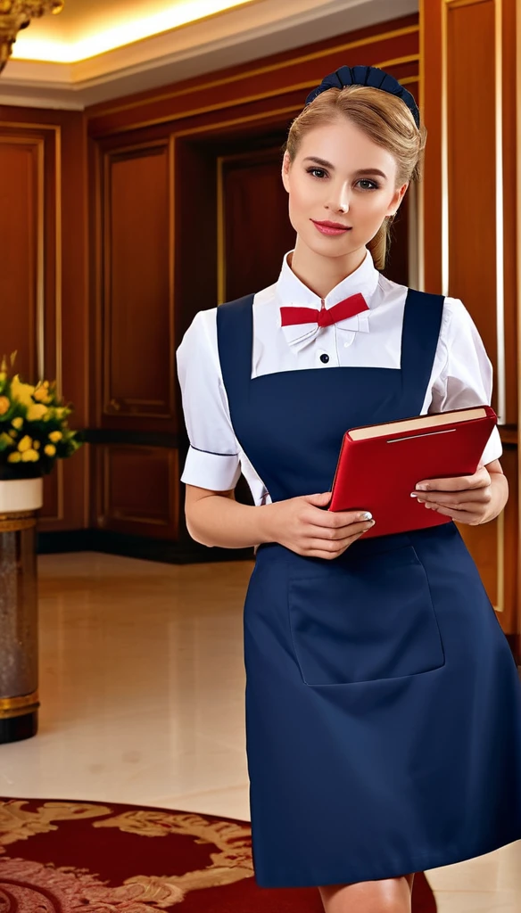 realistic european maid outfit, high-quality maid uniform, practical and modern, detailed maid details, beautiful maid, high-end hotel lobby, luxurious hotel, ornate hotel interior, elegant hotel, photorealistic, masterpiece, 8k, ultra-detailed, sharp focus, physically-based rendering, professional, vivid colors