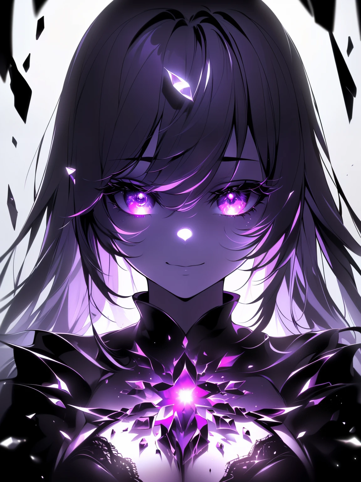 (Black and White), (Colorful gradient crystal hair), Eroded by darkness and light, Symmetric, Truly beautiful women, Broken Mirror, Fluid art, (High resolution), (Sharp focus), (Realistic:1.37), (Physically Based Rendering), (Very detailed説明), (Professional), (Vibrant colors), (Portraiture), (Soft lighting), (超High resolution), (Ideal black hair), (Goth Makeup), (Studio Lighting), (highest quality, 4K, 8k, High resolution, masterpiece:1.2), (Very detailed), Flowing, Shimizu, Creepy Smile, Purple light, Purple glow