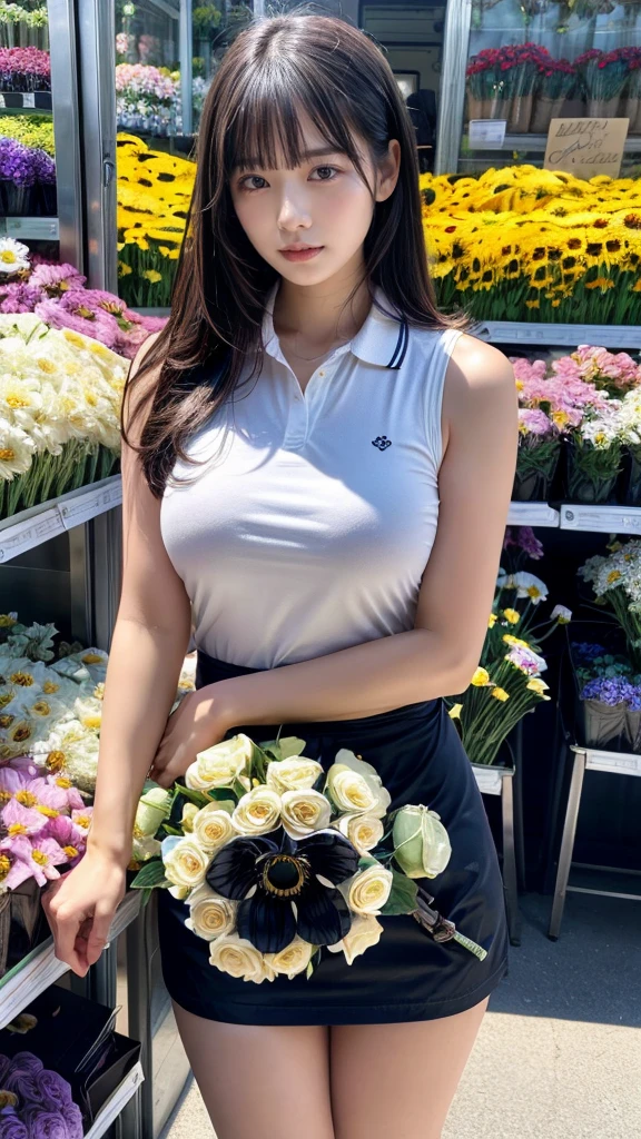 (masterpiece:1.3, top-quality, ultra high res, ultra detailed), (realistic, photorealistic:1.2), beautiful illustration, perfect lighting, natural lighting, colorful, depth of fields, , 
beautiful detailed hair, beautiful detailed face, beautiful detailed eyes, beautiful clavicle, beautiful body, beautiful chest, beautiful thigh, beautiful legs, beautiful fingers, shiny skin, 
looking at viewer, 1 girl, japanese, 22 years old, (perfect anatomy, anatomically correct, super detailed skin), cute and symmetrical face, babyface, perfect face, perfect eyes, perfect fingers,
(middle hair, straight hair, hair slicked back:1.6, blue hair), parted bangs, dark purple eyes, big eyes, drooping eyes, long eyelashes, faint lips, (large breasts, seductive thighs), outstanding style, 
(detailed cloth texture, break, sleeveless collared polo shirt, tight skirt, black apron), break, 
(beautiful scenery), ((behind flower shop:1.5)), standing, ((hold a big bouquet:1.2)), (parted lips), 