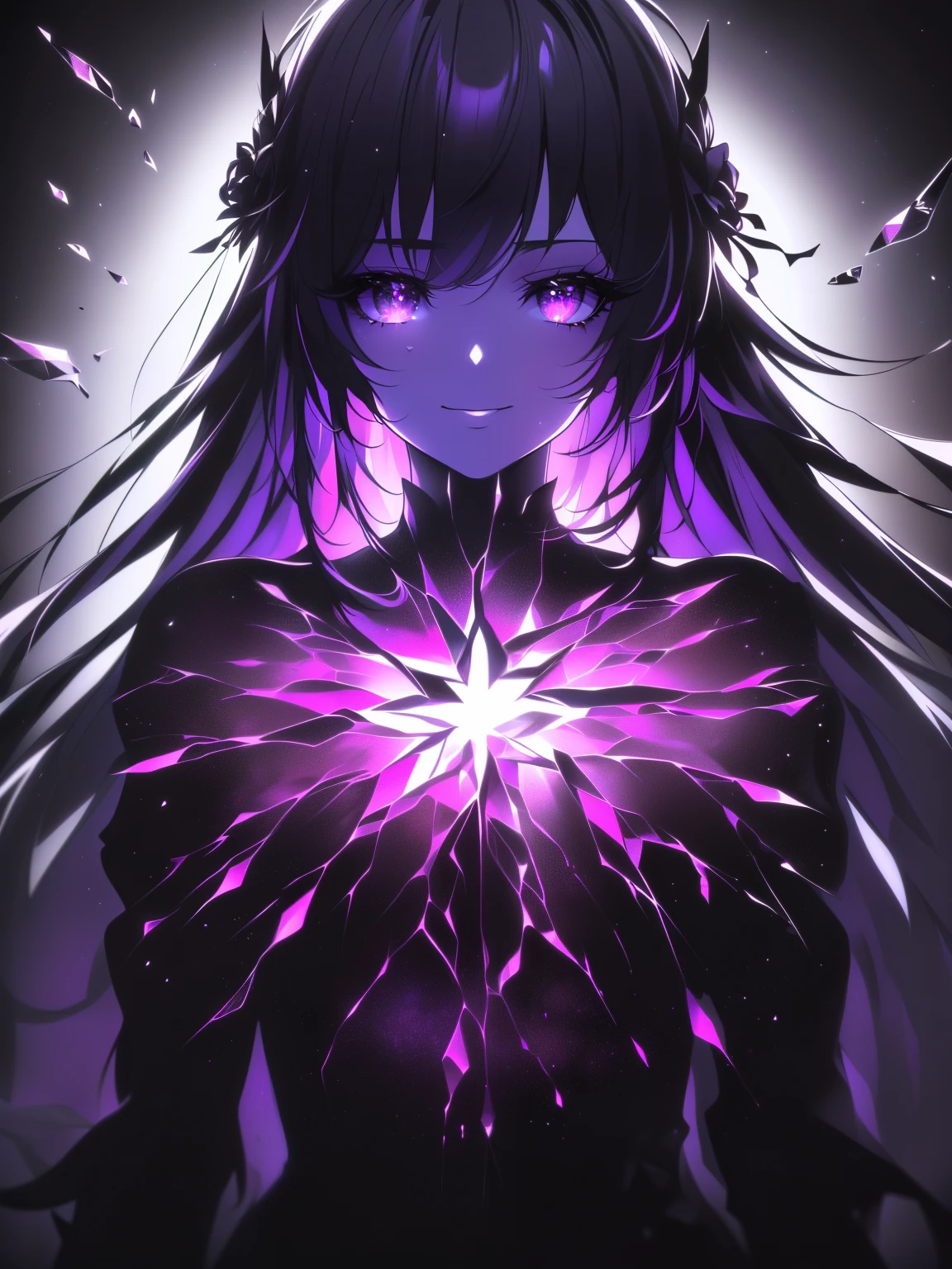 (Black and White), (Colorful gradient crystal hair), Eroded by darkness and light, Symmetric, Truly beautiful women, Broken Mirror, Fluid art, (High resolution), (Sharp focus), (Realistic:1.37), (Physically Based Rendering), (Very detailed説明), (Professional), (Vibrant colors), (Portraiture), (Soft lighting), (超High resolution), (Ideal black hair), (Goth Makeup), (Studio Lighting), (highest quality, 4K, 8k, High resolution, masterpiece:1.2), (Very detailed), Flowing, Shimizu, Creepy Smile, Purple light, Purple glow