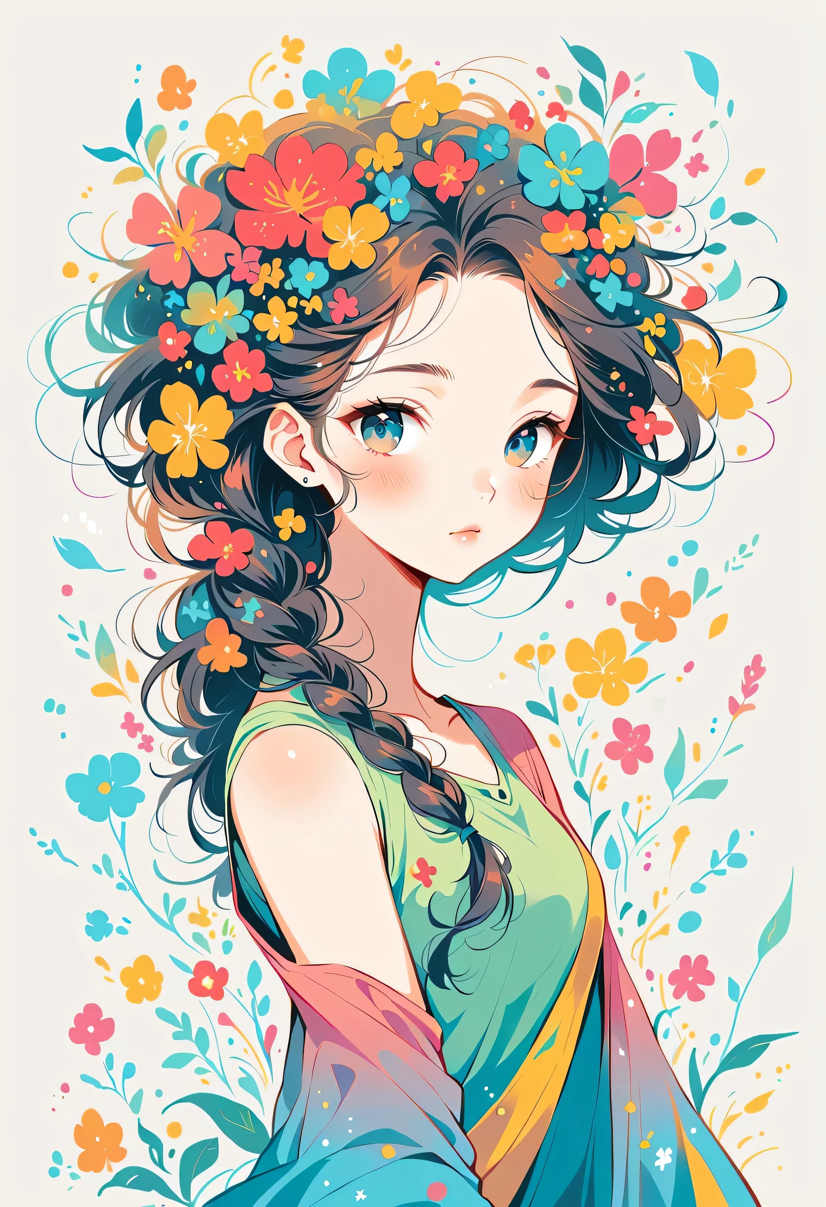 Watase Seizo style, Standing in front of a high wall,Simple Line Initialism,Abstract art,Urban Background, (((The most beautiful girl))), colorful flowers