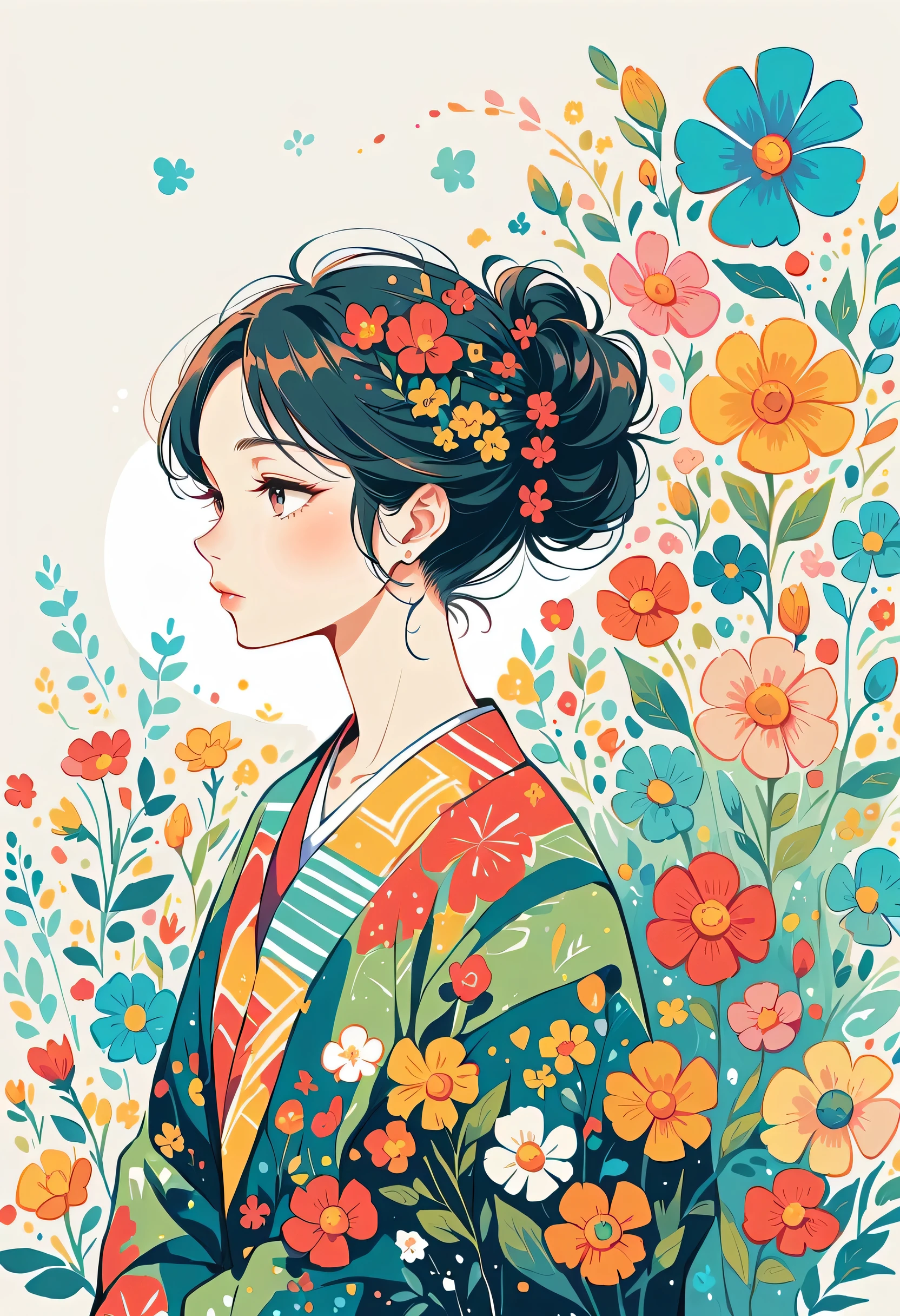 Watase Seizo style, Standing in front of a high wall，Simple Line Initialism，Abstract art，Urban Background, (((The most beautiful girl))), colorful flowers