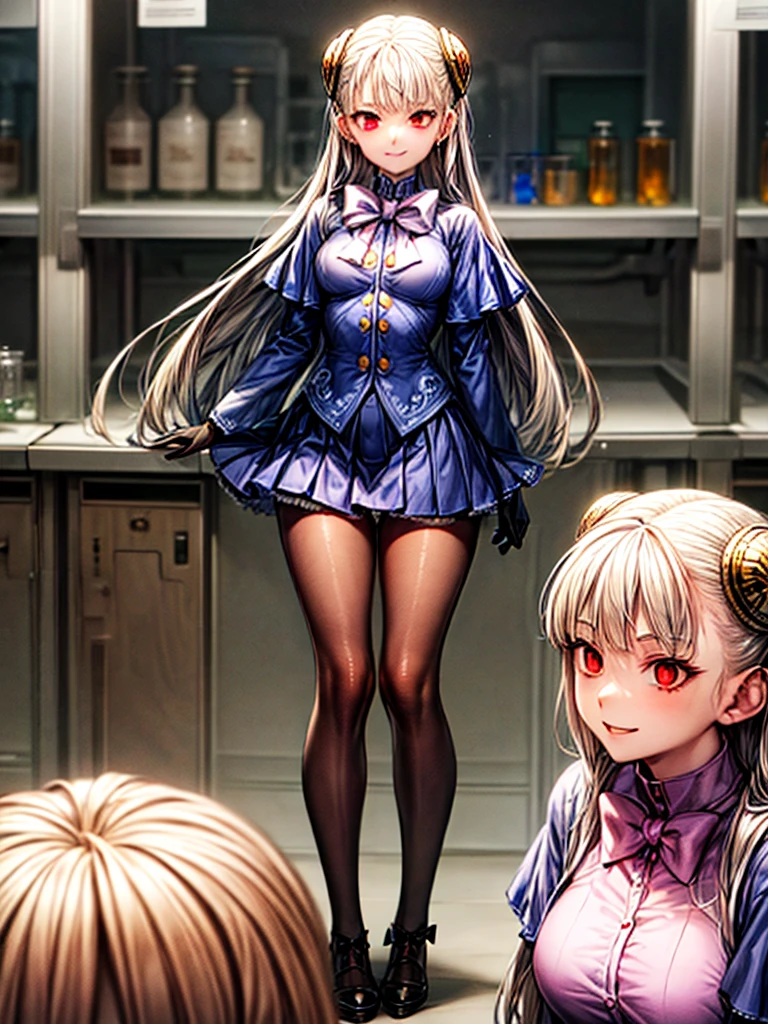 (masterpiece,highest quality,High resolution),(,In a detailed laboratory:1.6),1 girl,alone,ingrid,hair pod,gloves,skirt,pantyhose,bow,dress, eye,(evil smile:1.4),anime style,evil boss,Trampling,Full body ,,Black Leotard Bodysuit,empty eyes