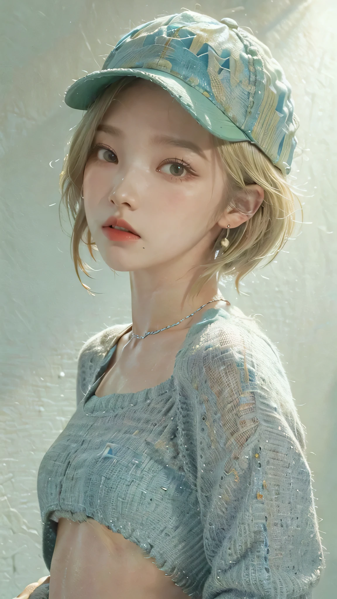 nomura tetsuya, masterpiece, best quality, 1girl, aqua eyes, baseball cap, blonde hair, closed mouth, earrings, green background, hat, hoop earrings, jewelry, looking at viewer, shirt, short hair, simple background, solo, upper body, yellow shirt