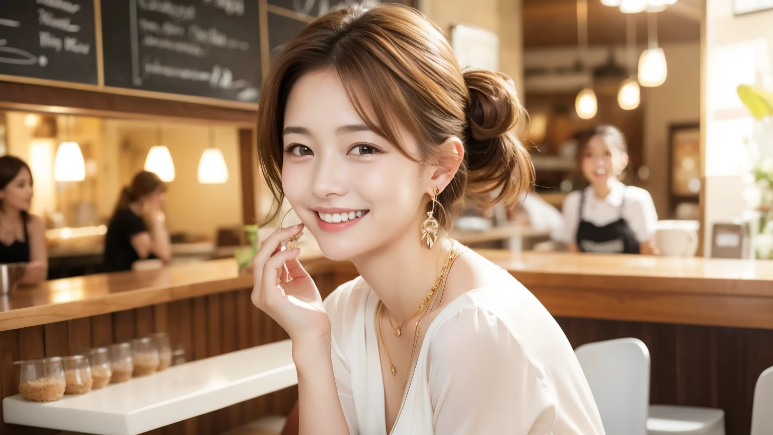 super high quality, short hair, thin, Photography Sculpture, The staff is working at the counter in the back.., (8k、RAW Photos、highest quality、masterpiece:1.2), Japanese Idols, Shaggy, Stylish cafe, People having fun at the cafe々Bustling with., (Realistic、Realistic:1.37), Mesh Hair, Urban Cafe, Golden Ratio, RAW Photos, Cute Face , Light brown hair, Earrings, Small breasts, Bright cafe interior, Blurred Background, Beauty Salon Model, Spring Clothes, necklace, Beautiful Hairstyles, White shirt, Spoiled, smile, Hair blowing in the wind, Dress neatly, boyish, 18-year-old, younger sister,